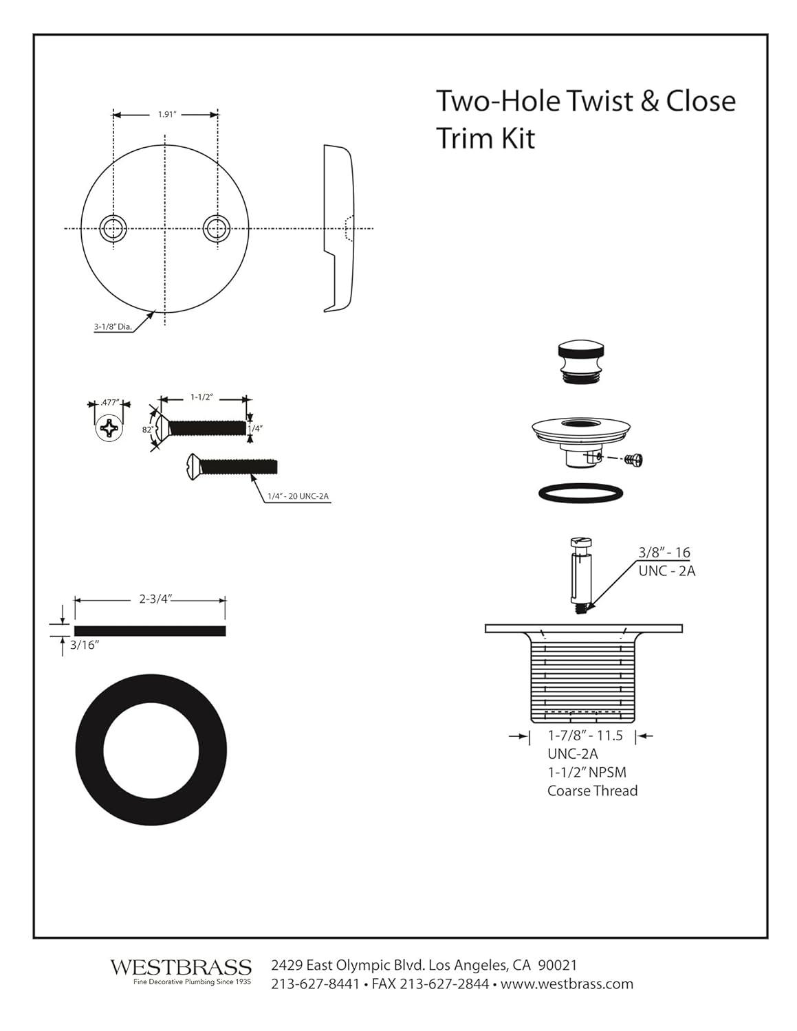 1-1/2" Coarse Thread Twist & Close Bathtub Drain Trim with Two-Hole Overflow