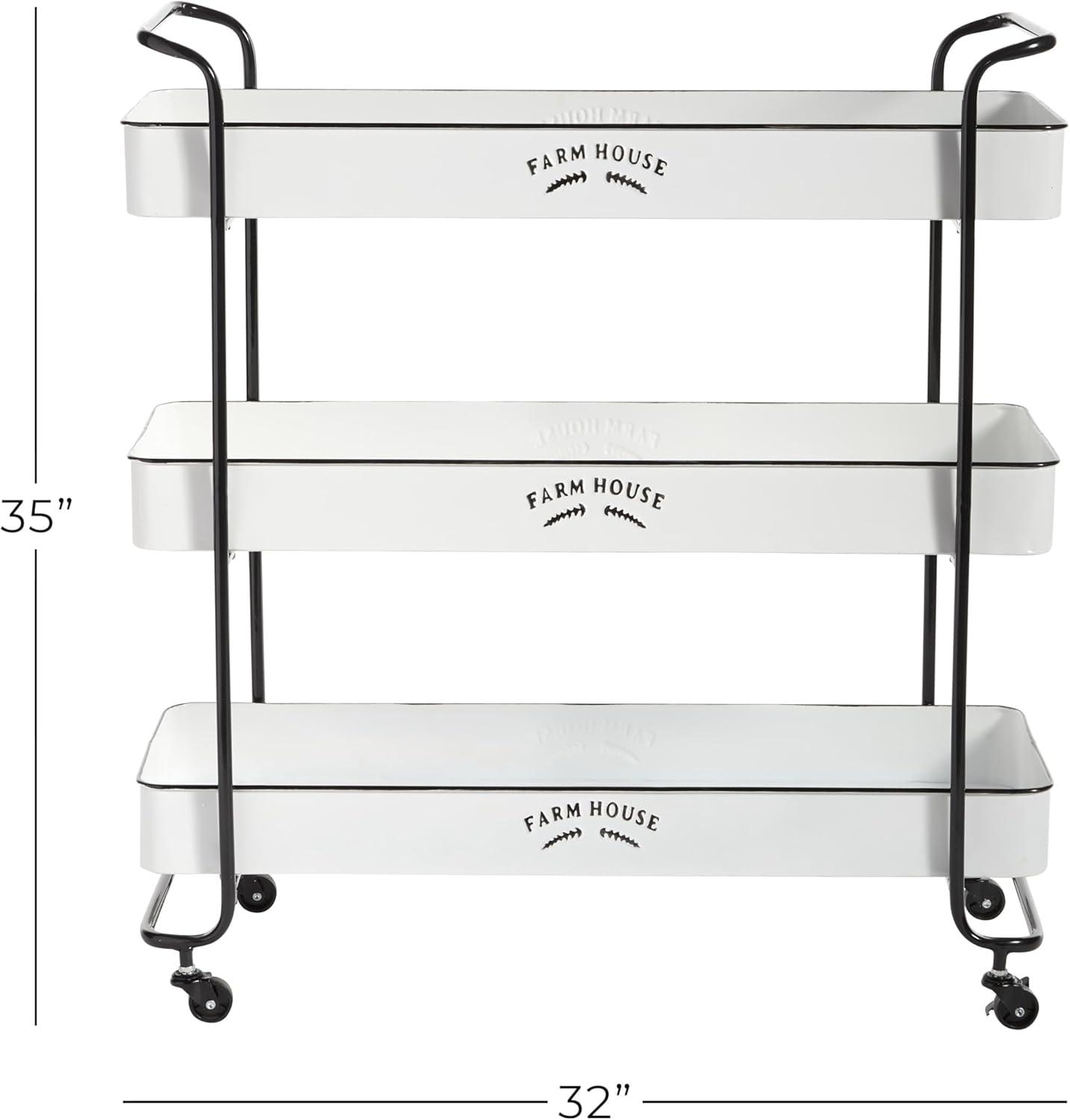DecMode 32" x 35" White Metal Kitchen Rolling 3 Shelves Bar Cart with Black Accents and Farm House Design, 1-Piece