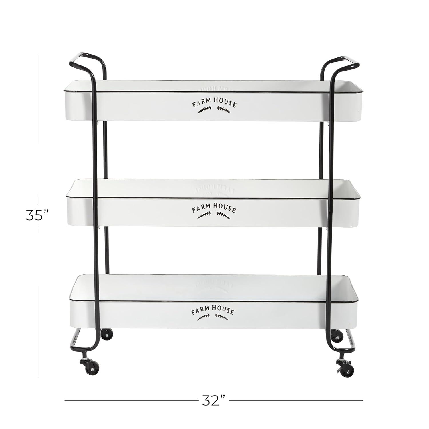 DecMode 32" x 35" White Metal Kitchen Rolling 3 Shelves Bar Cart with Black Accents and Farm House Design, 1-Piece