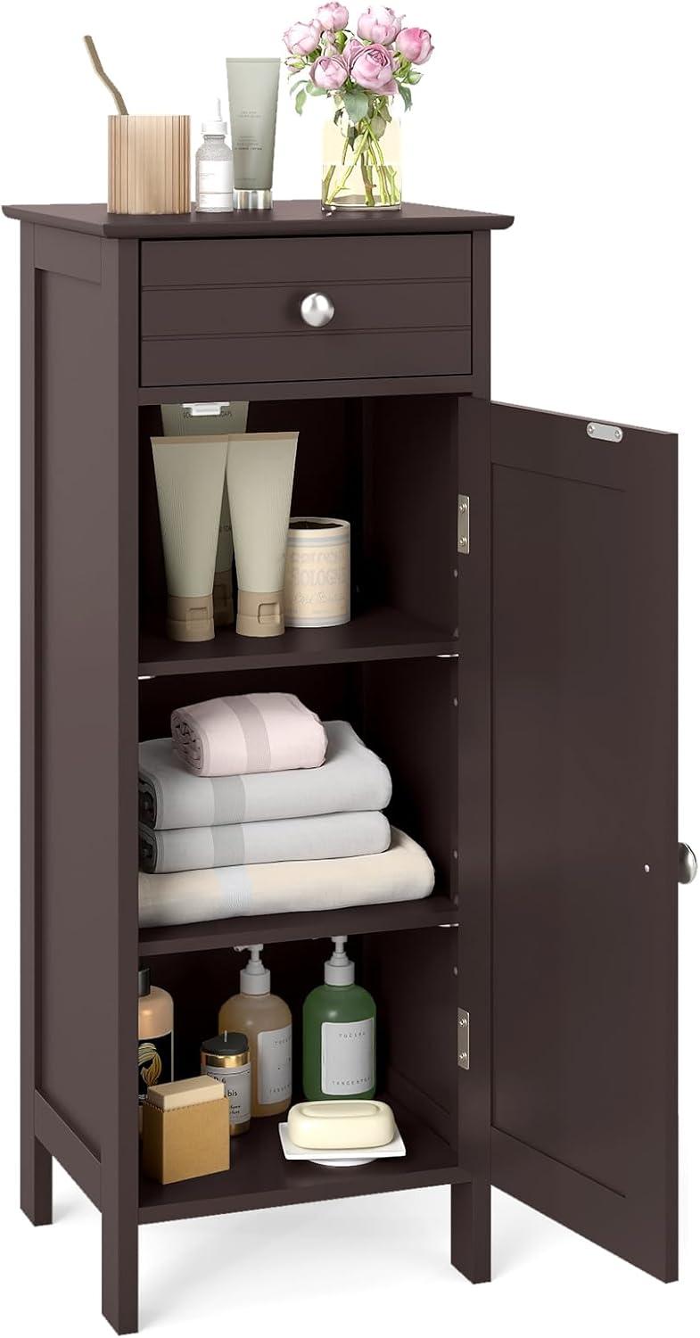 Bathroom Floor Cabinet, Standing Cabinet with Drawer and Doors, Storage Cabinet with 2 Adjustable Shelves, Brown
