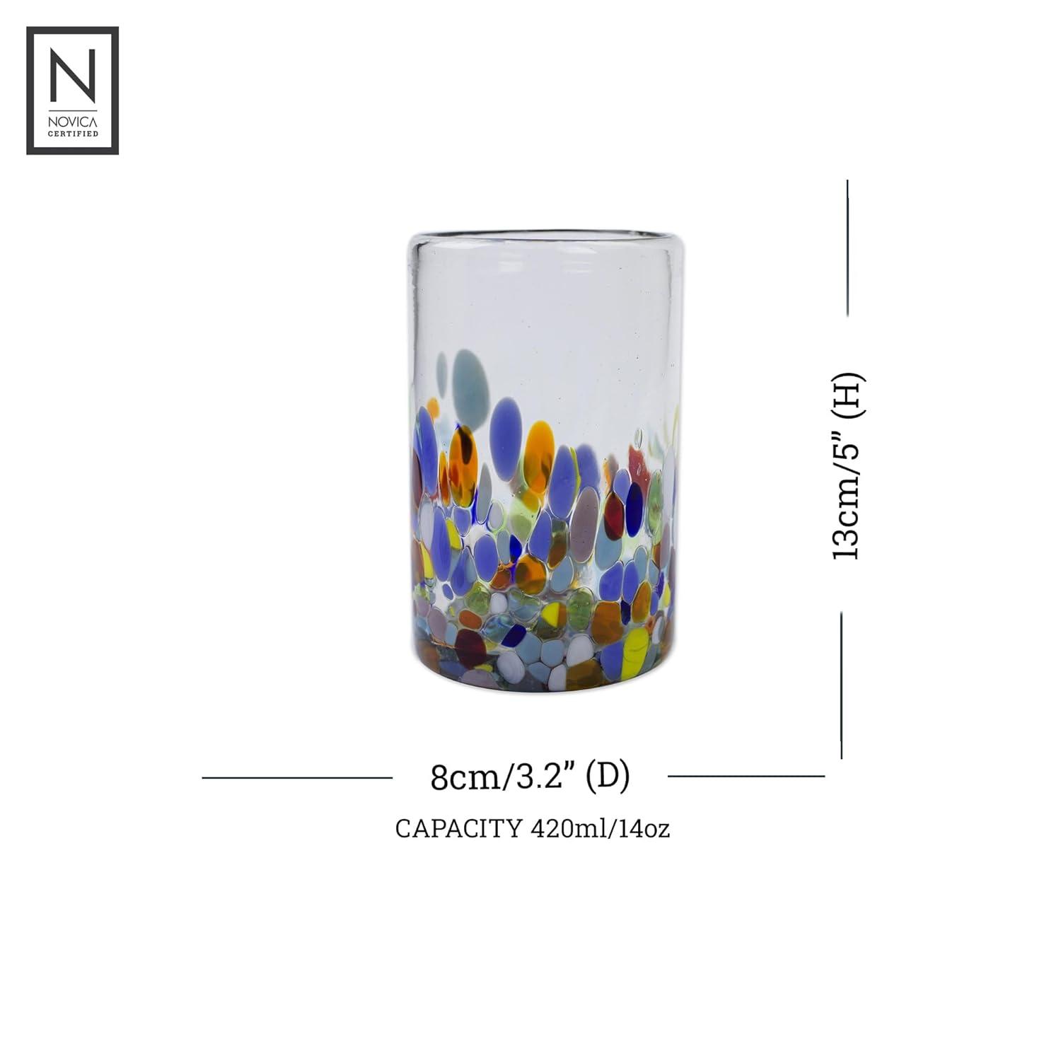 NOVICA Artisan Crafted Recycled Hand Blown Glass Water Glasses, Multicolor, 14 Oz, 'Confetti' (Set Of 6)