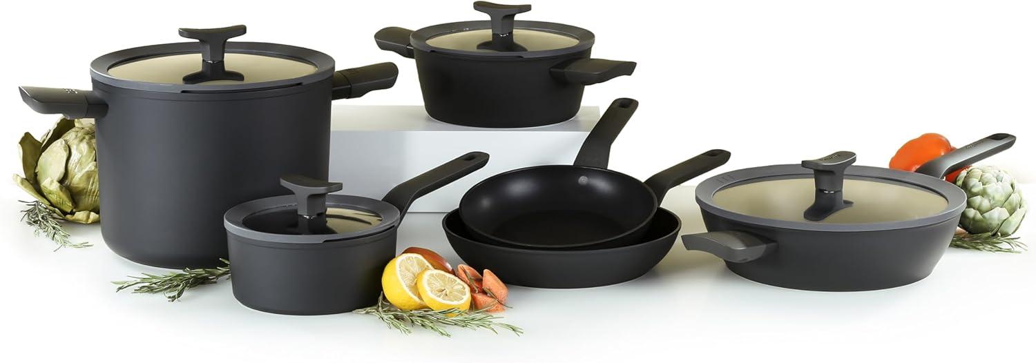 Black 10-Piece Non-Stick Aluminum Cookware Set with Glass Lids