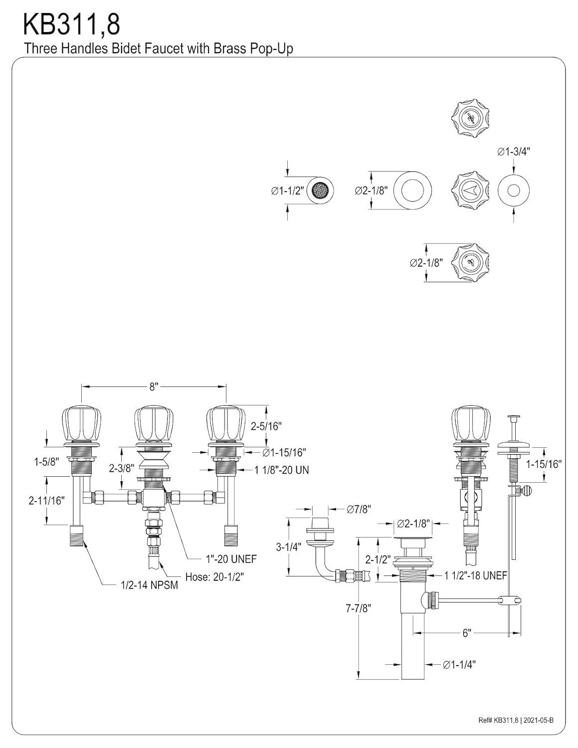 Kingston Brass Americana Three-Handle Deck Mount Bidet Faucet with Brass Pop-Up