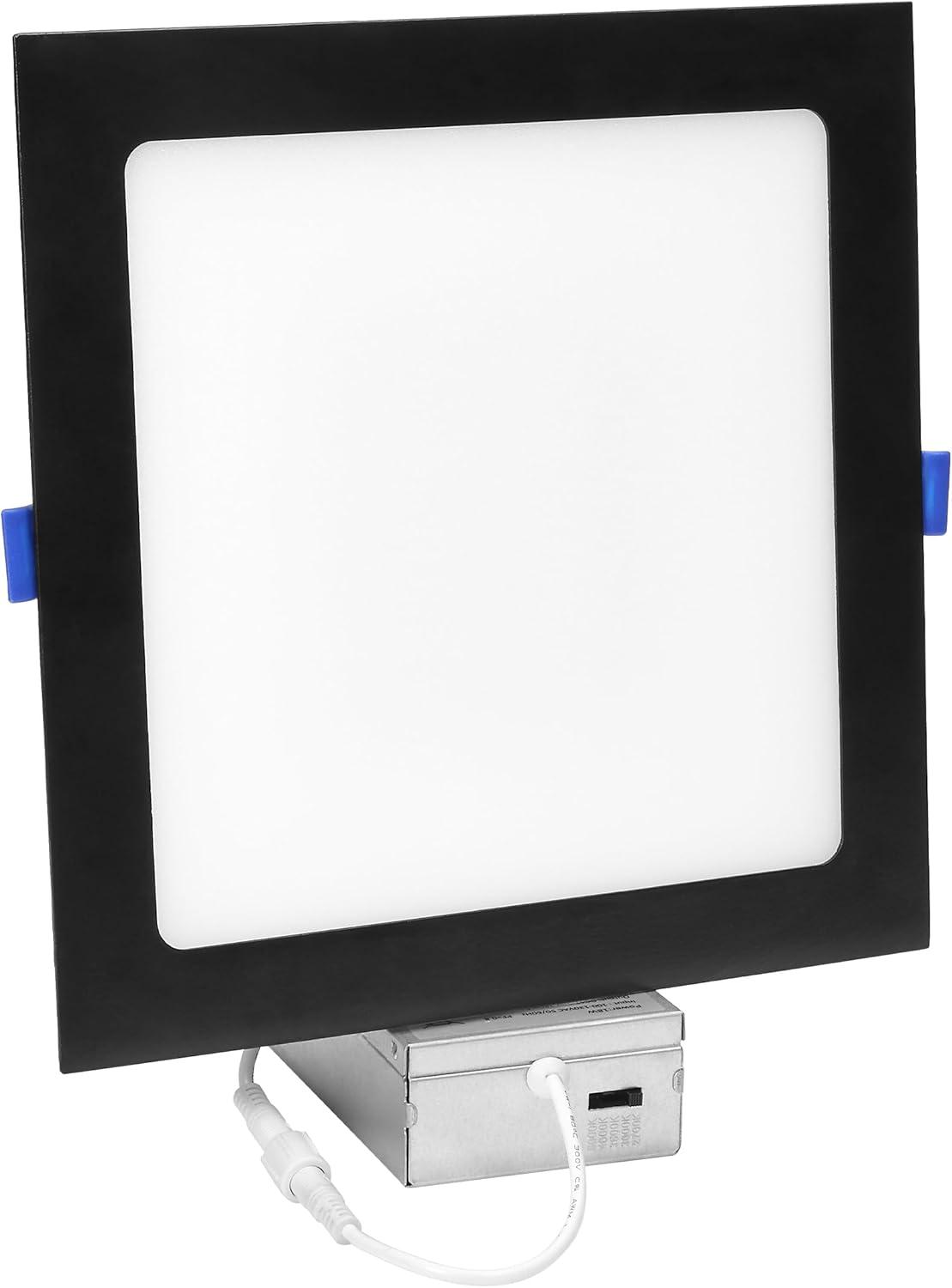 Maxxima 8 in. 5CCT Square Recessed LED Downlight, 1400 Lumens Slim Flat Panel Color Selectable 2700K/3000K/3500K/4000K/5000K, Dimmable, Canless IC Rated, Black Trim, J-Box Included