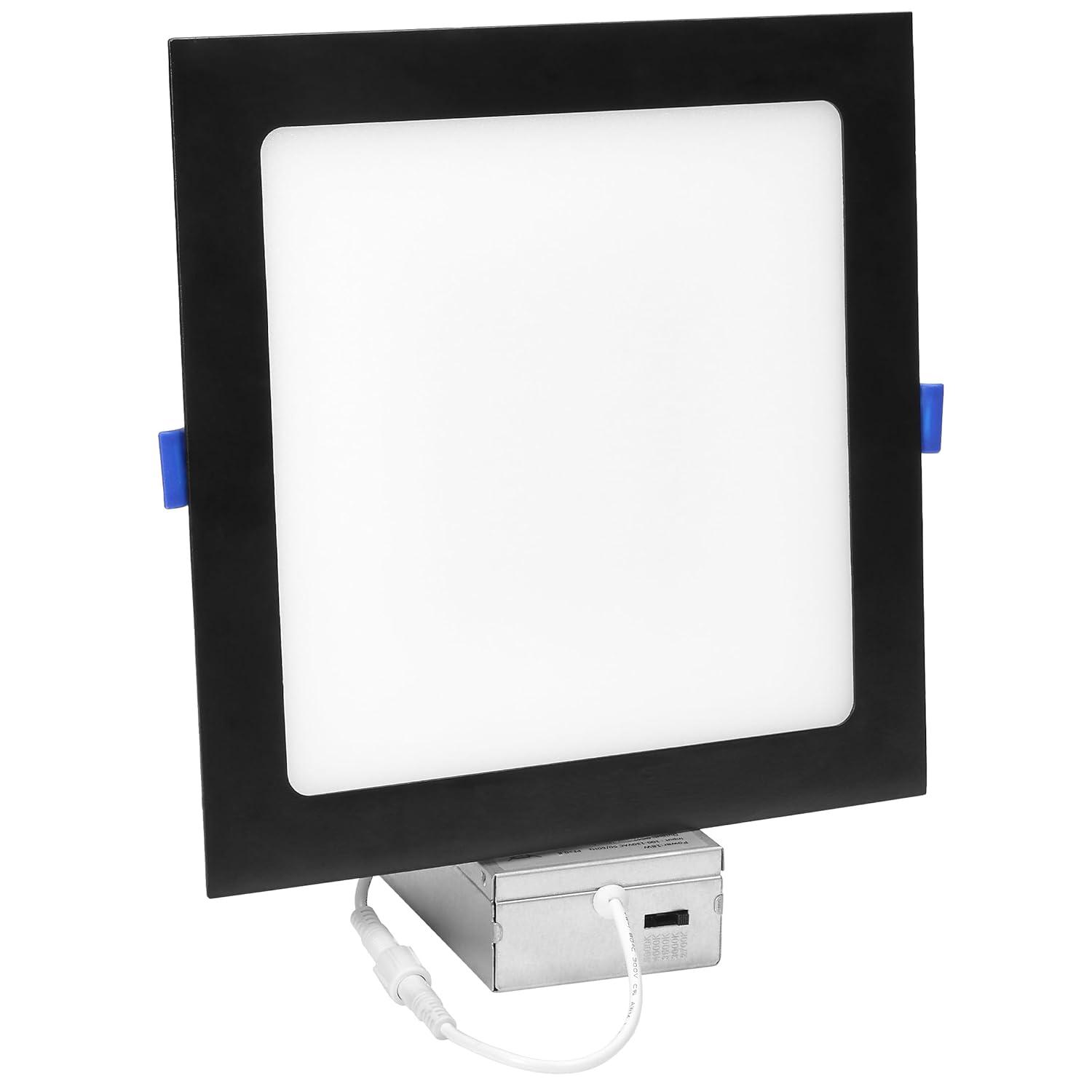 Maxxima 8 in. 5CCT Square Recessed LED Downlight, 1400 Lumens Slim Flat Panel Color Selectable 2700K/3000K/3500K/4000K/5000K, Dimmable, Canless IC Rated, Black Trim, J-Box Included