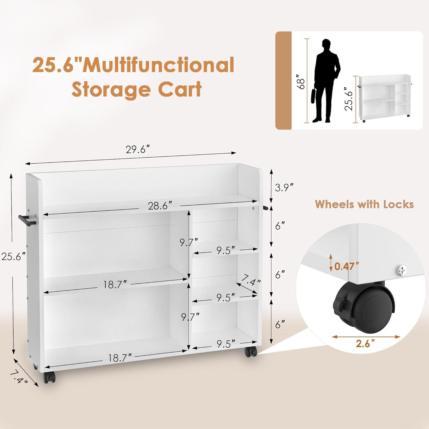 White MDF Rolling Library Book Cart with Adjustable Shelves