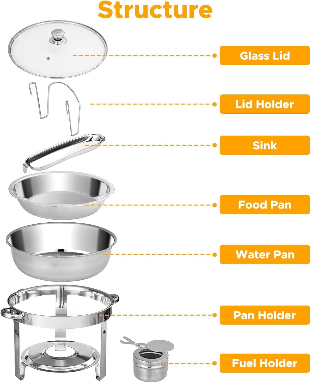 WARMOUNTS Chafing Dish Buffet Set, 2 Pack 5-Quart Round Buffet Chafe Warmer Set, 410 Stainless Steel Chafing Dish Buffet Food Warmer with Glass Lid & Holder