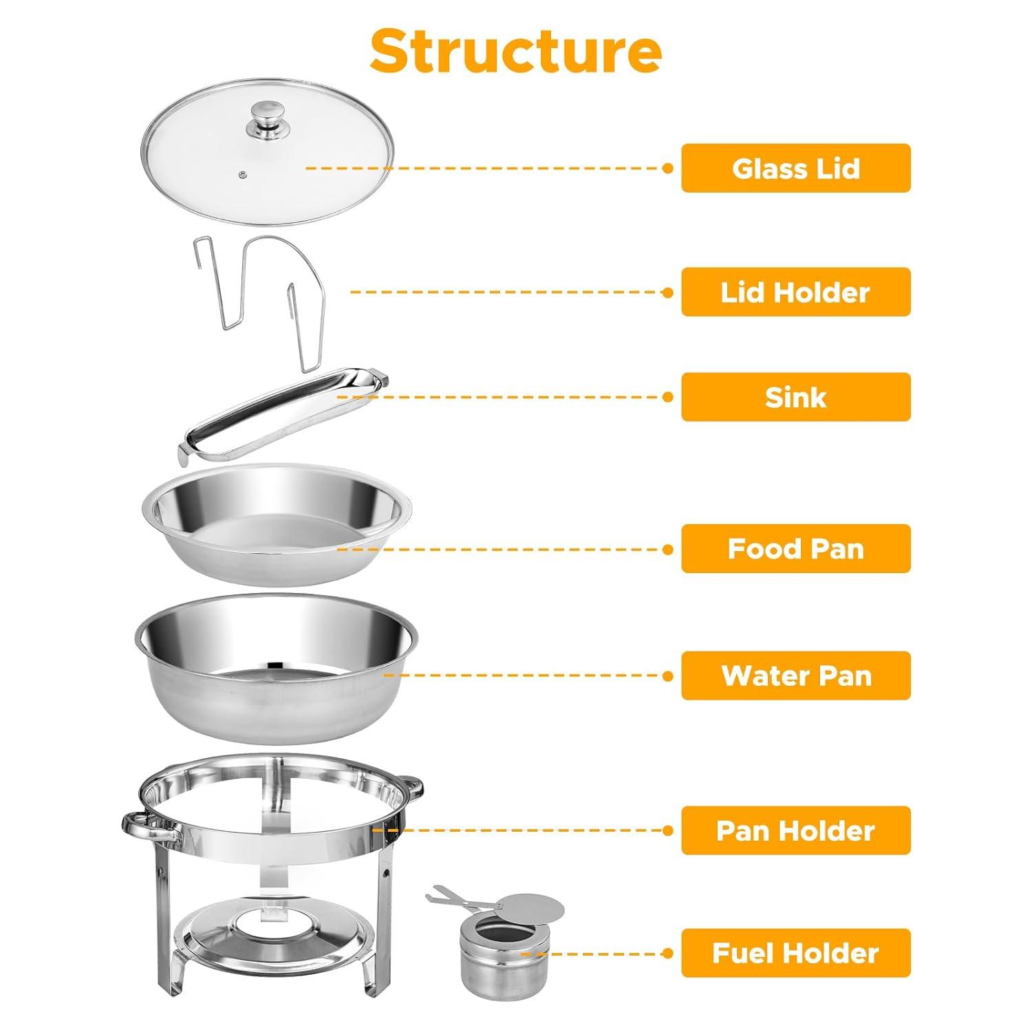 WARMOUNTS Chafing Dish Buffet Set, 2 Pack 5-Quart Round Buffet Chafe Warmer Set, 410 Stainless Steel Chafing Dish Buffet Food Warmer with Glass Lid & Holder