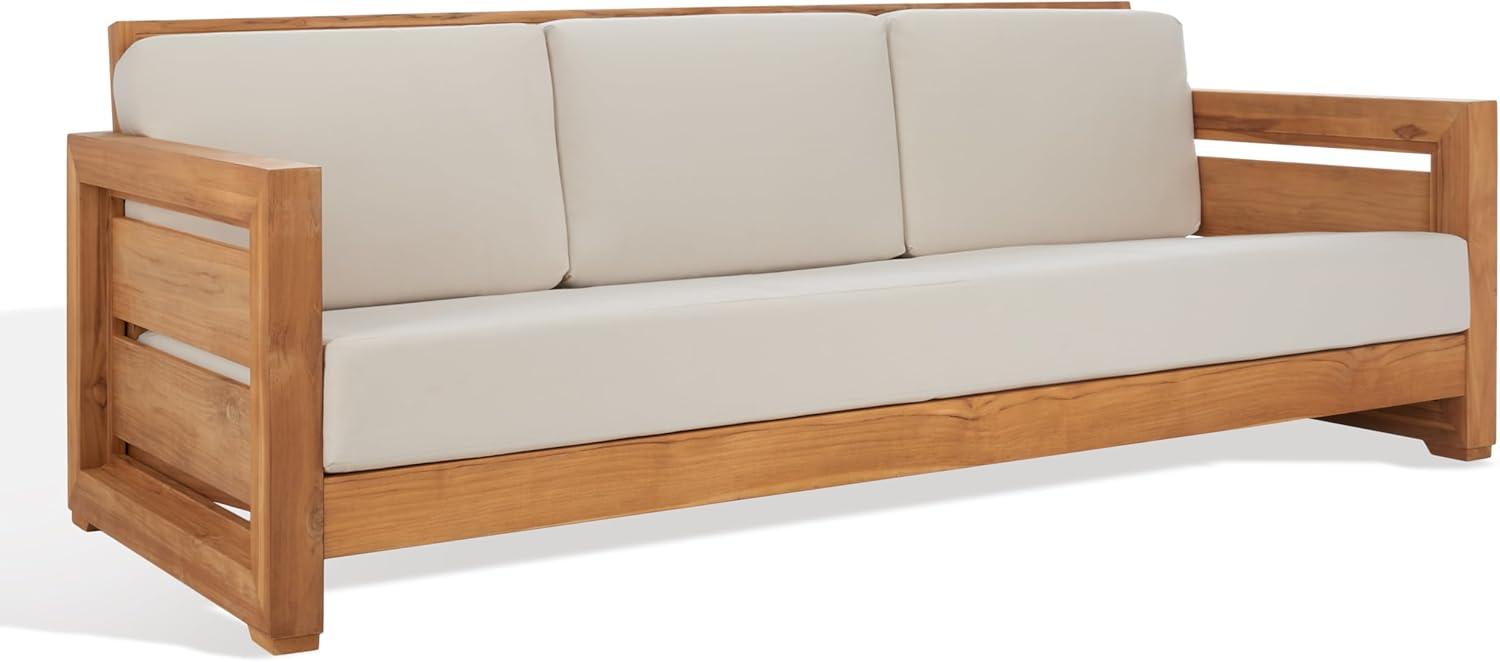 Natural Teak Wood Outdoor 3-Seat Sofa with Cream Cushions