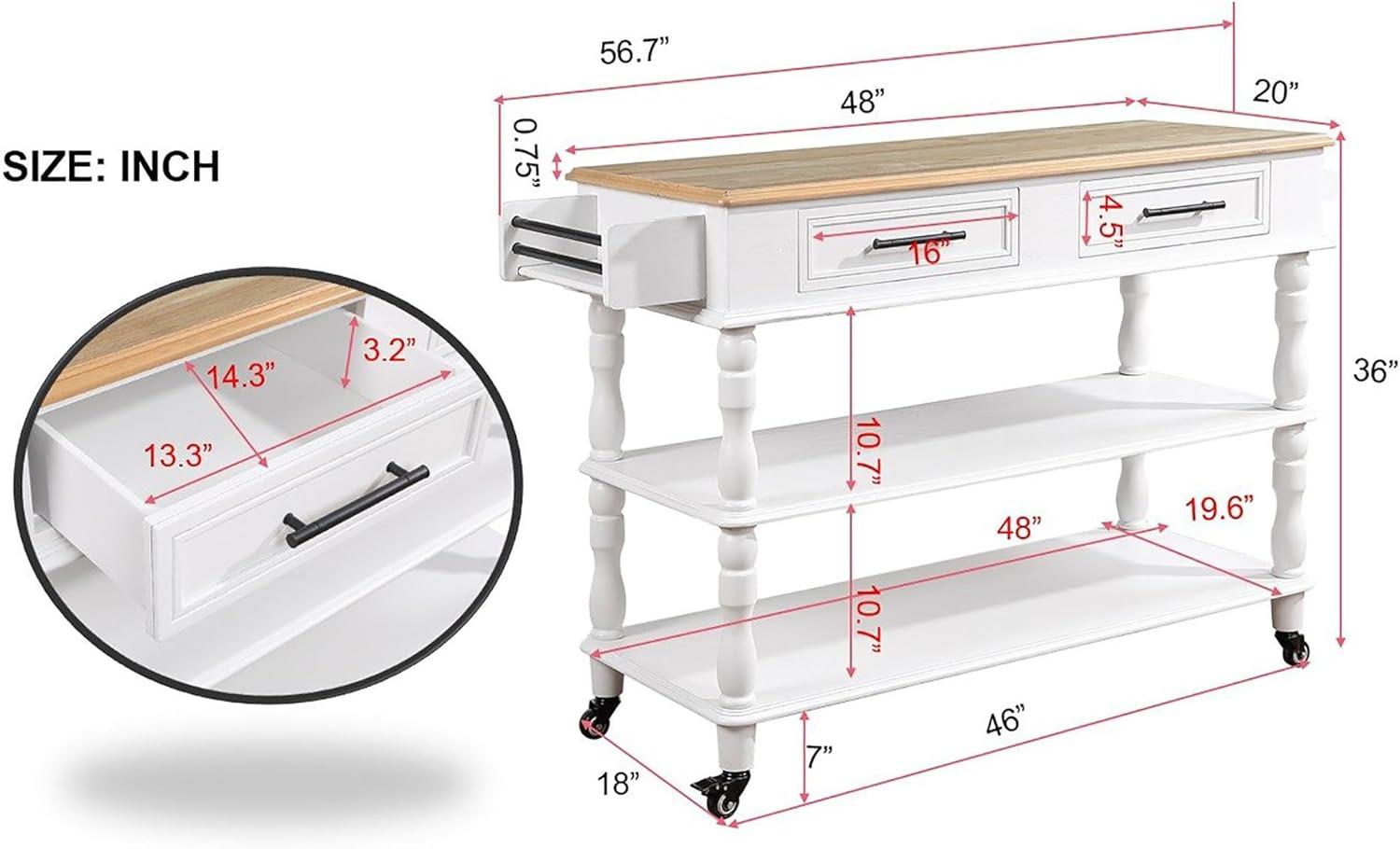 White Solid Oak Wood Kitchen Cart with Spice Rack and Storage