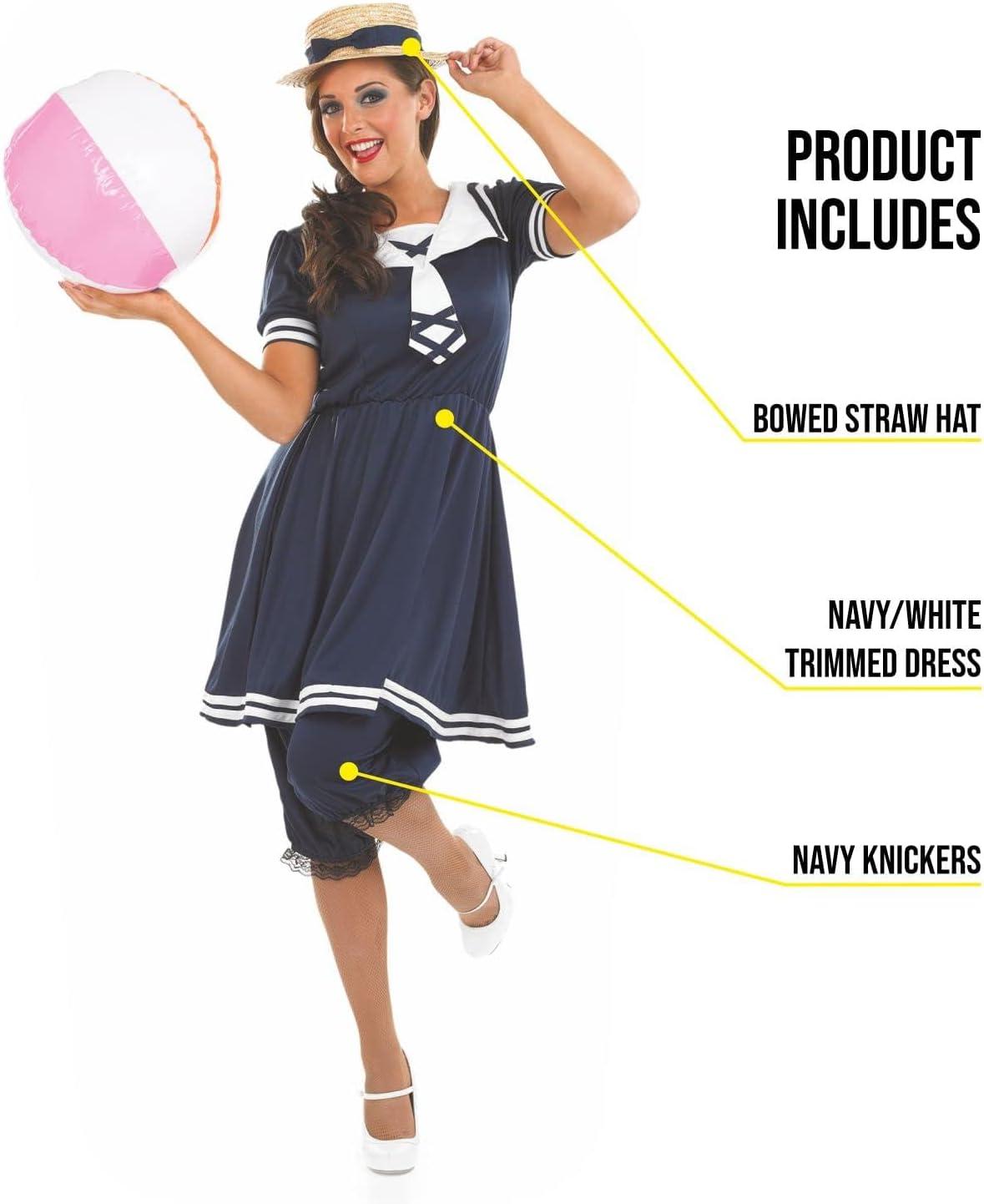 Fun Shack Womens Blue Victorian Bathing Costume Ladies 1920s Swimsuit Fancy Dress Halloween Blue S