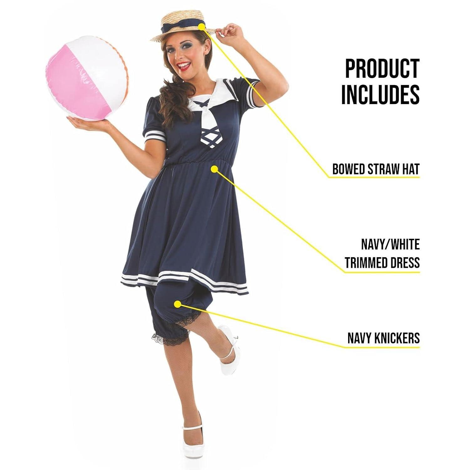 Fun Shack Womens Blue Victorian Bathing Costume Ladies 1920s Swimsuit Fancy Dress Halloween Blue S