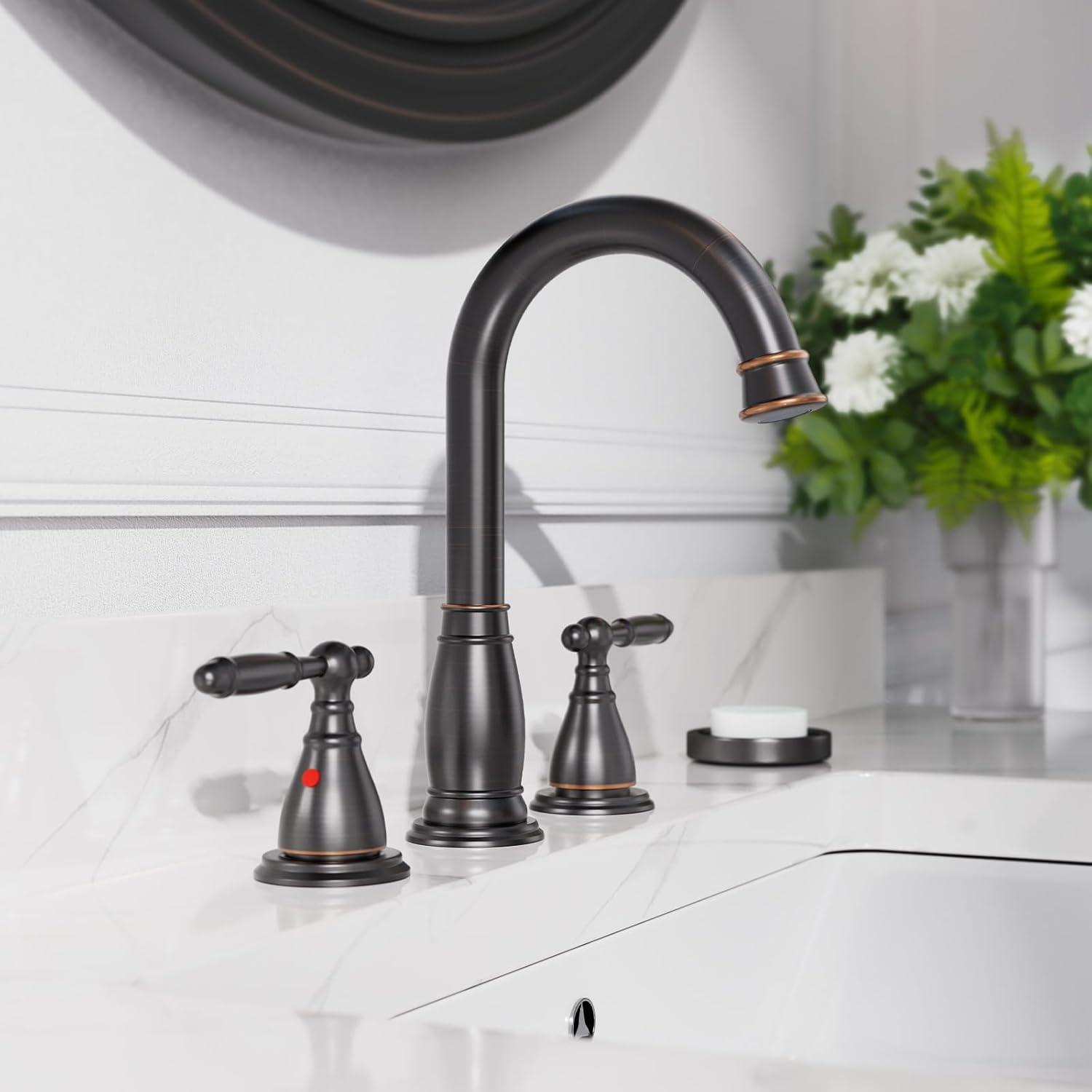 8 in. 2-Handle 3-Hole Widespread Bathroom Faucets with Valve and Metal Pop-Up Drain in Oil Rubbed Bronze