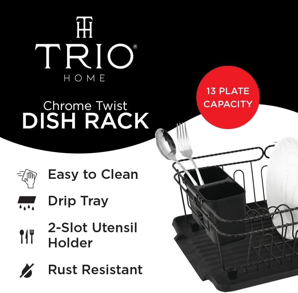 Trio Home Stainless Twist Design 3-Piece Dish Drying Drainer Rack, Removable Utensil Holder and Drainboard - Black/Black Twist