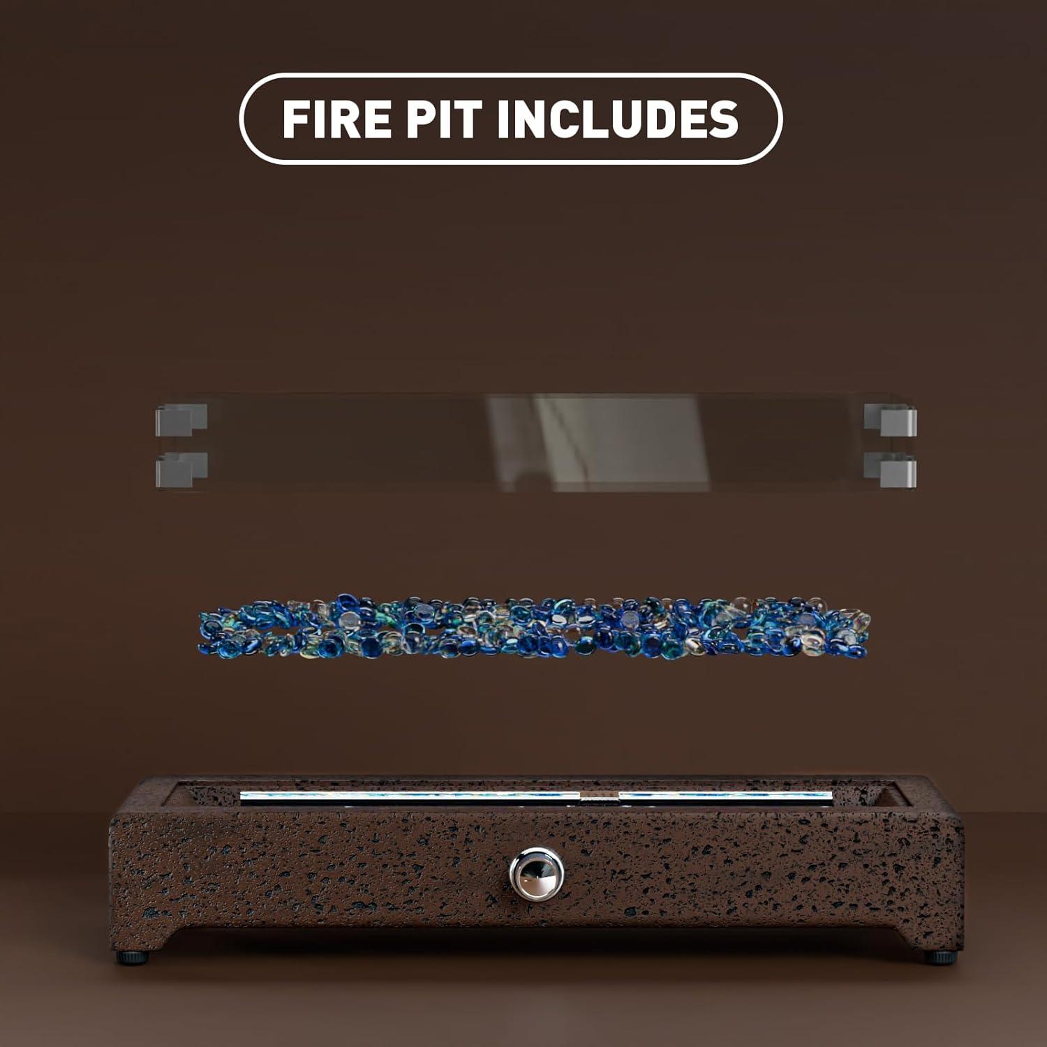 COSIEST 28" Tabletop Fire Pit, CSA Certified Outdoor Propane Fire Pit Table w Magnesium Oxide Rectangle Base, 40,000 BTU Stainless Steel Burner, Glass Rocks, Glass Wind Guard, Fits 20lb Tank Outside