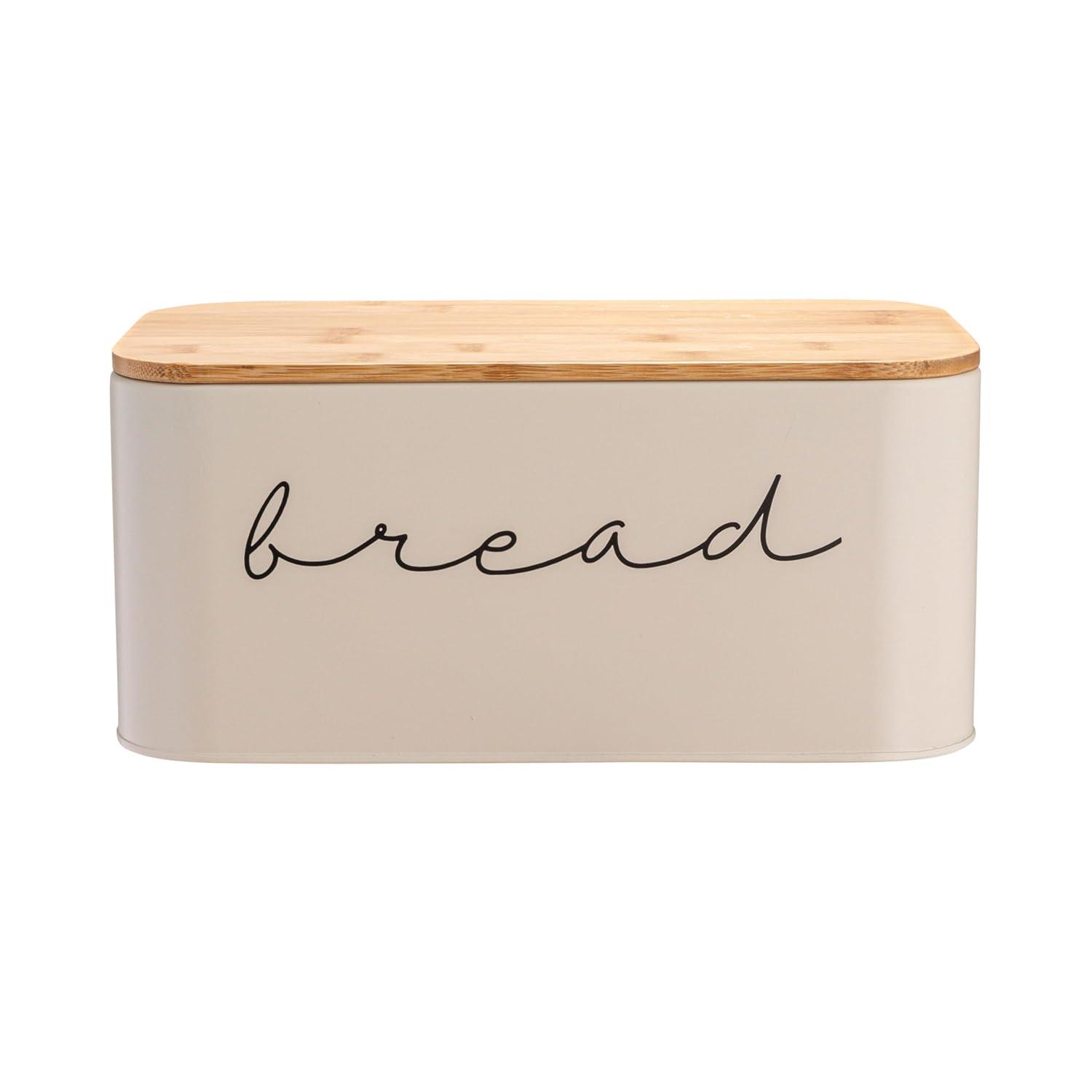 Storied Home Metal "bread" Bin with Bamboo Lid, Cream