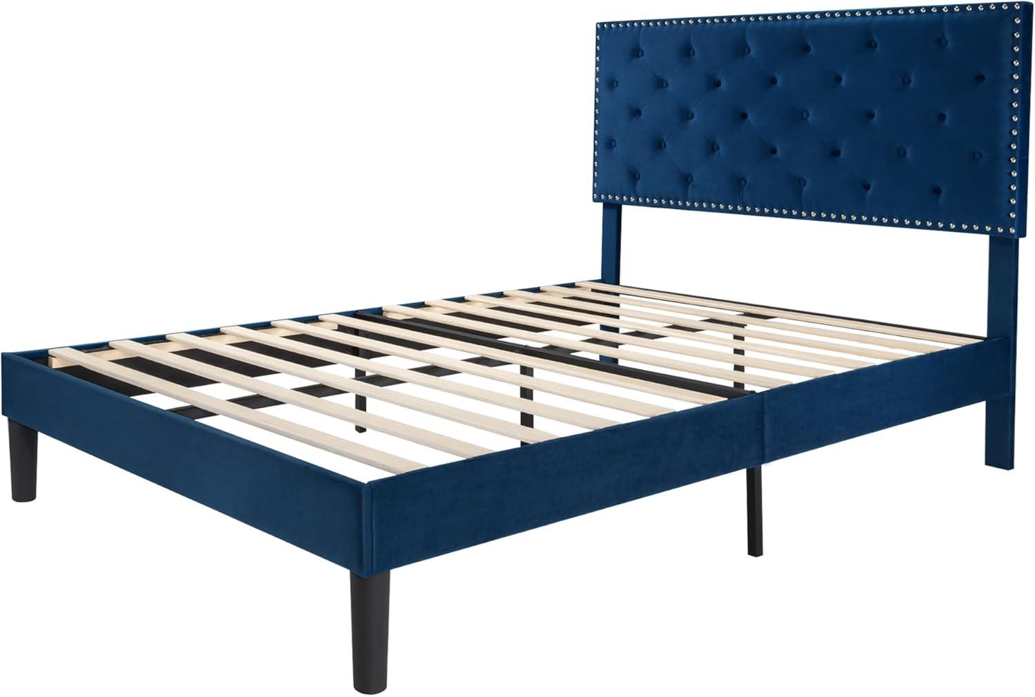 Full Size Blue Velvet Upholstered Bed Frame with Tufted Headboard