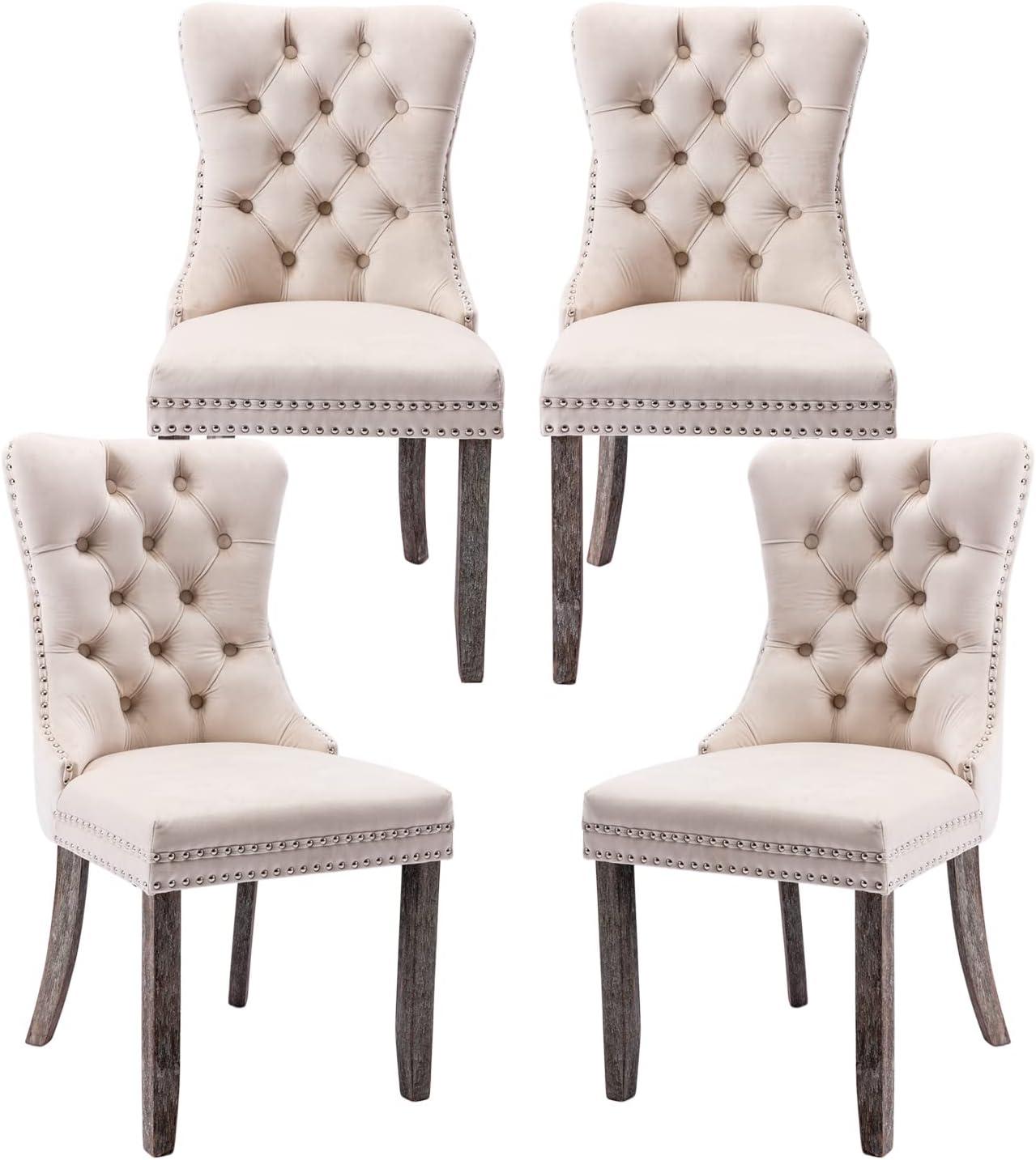 Tzicr Tufted Dining Chairs Set of 4, Upholstered Dining Chairs with Nailhead Back, Nailhead Trim, Velvet Dining Chairs for Kitchen/Bedroom/Dining Room(Beige)