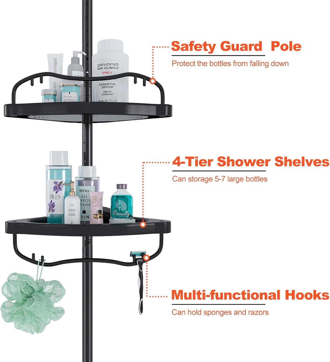 Adjustable Black Plastic Shower Organizer with Tension Mount