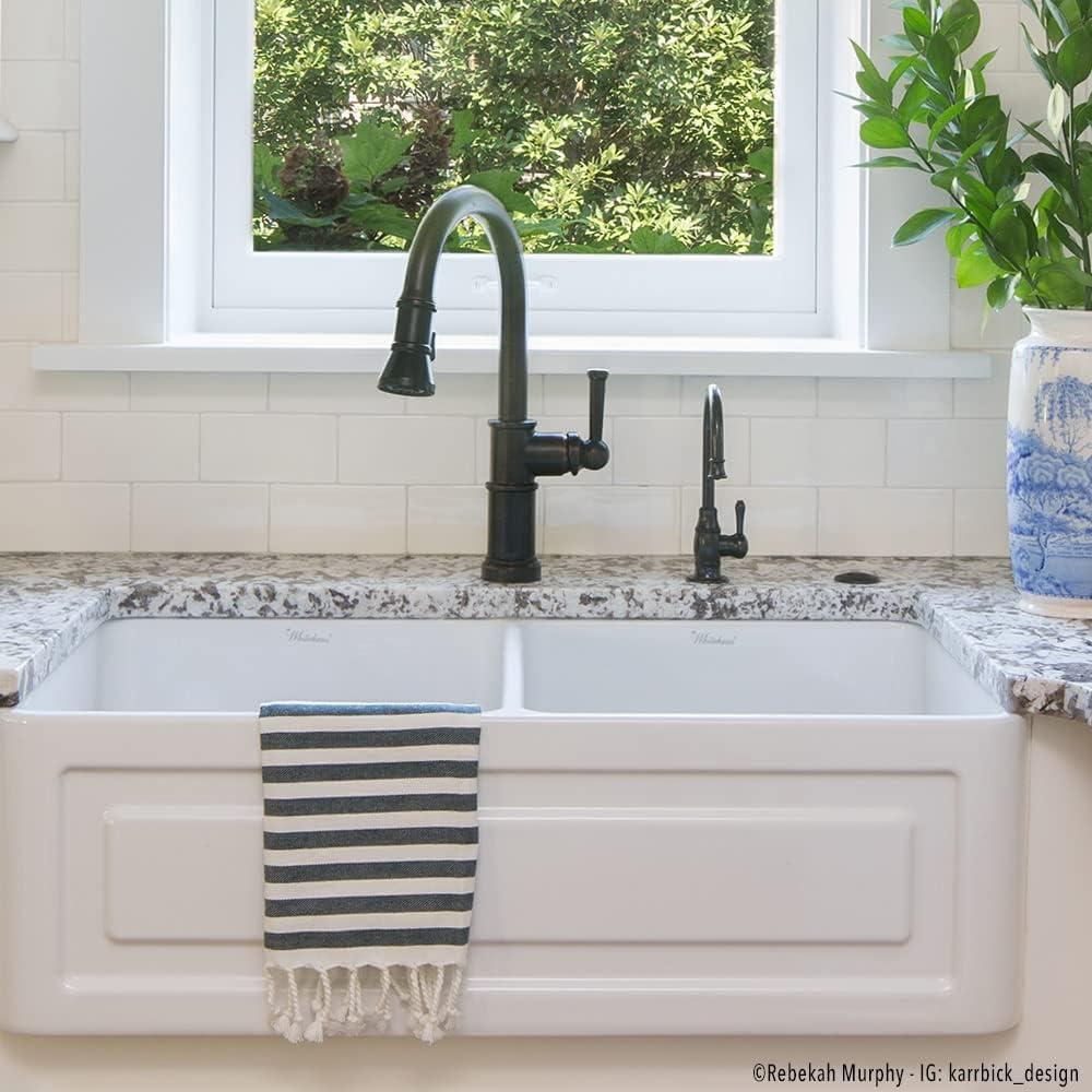 Whitehaus Collection 33" Reversible Double Bowl Fireclay Kitchen Sink: Panel & Fluted Front Apron