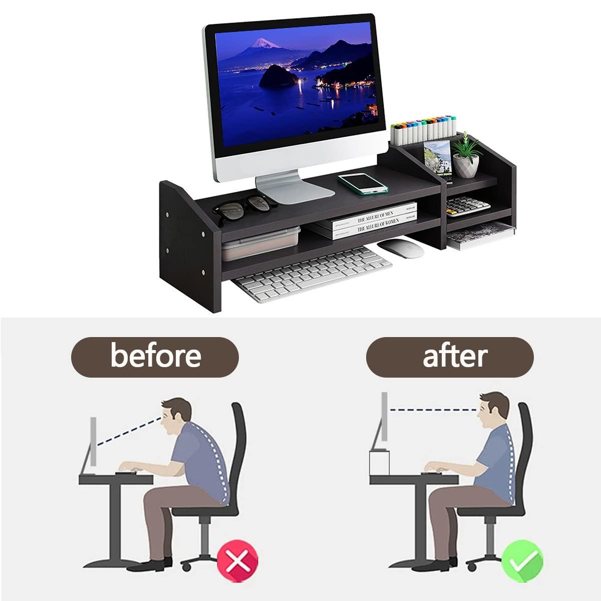 Computer Monitor Riser, 2 Tier Wooden Stand With Two Layer Storage Rack, Black Desktop Organizer for PC/Laptop, Home & Office