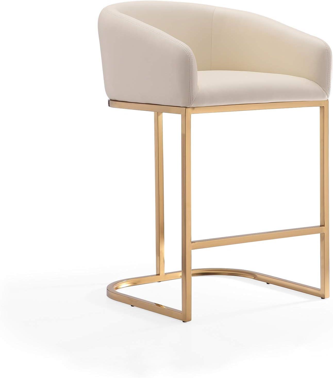 Manhattan Comfort Set of 3 Louvre Upholstered Stainless Steel Counter Height Barstools Cream: Faux Leather, Armrests, Footrest