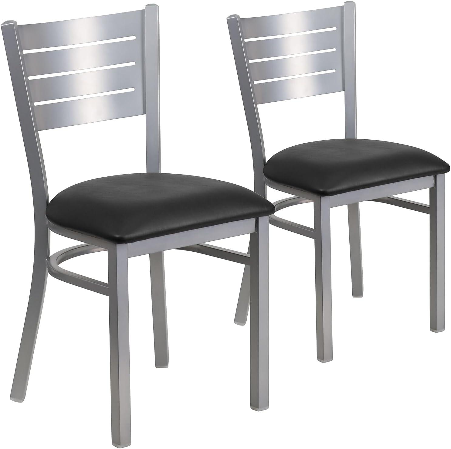 Flash Furniture HERCULES Series Silver Slat Back Metal Restaurant Chair - Black Vinyl Seat
