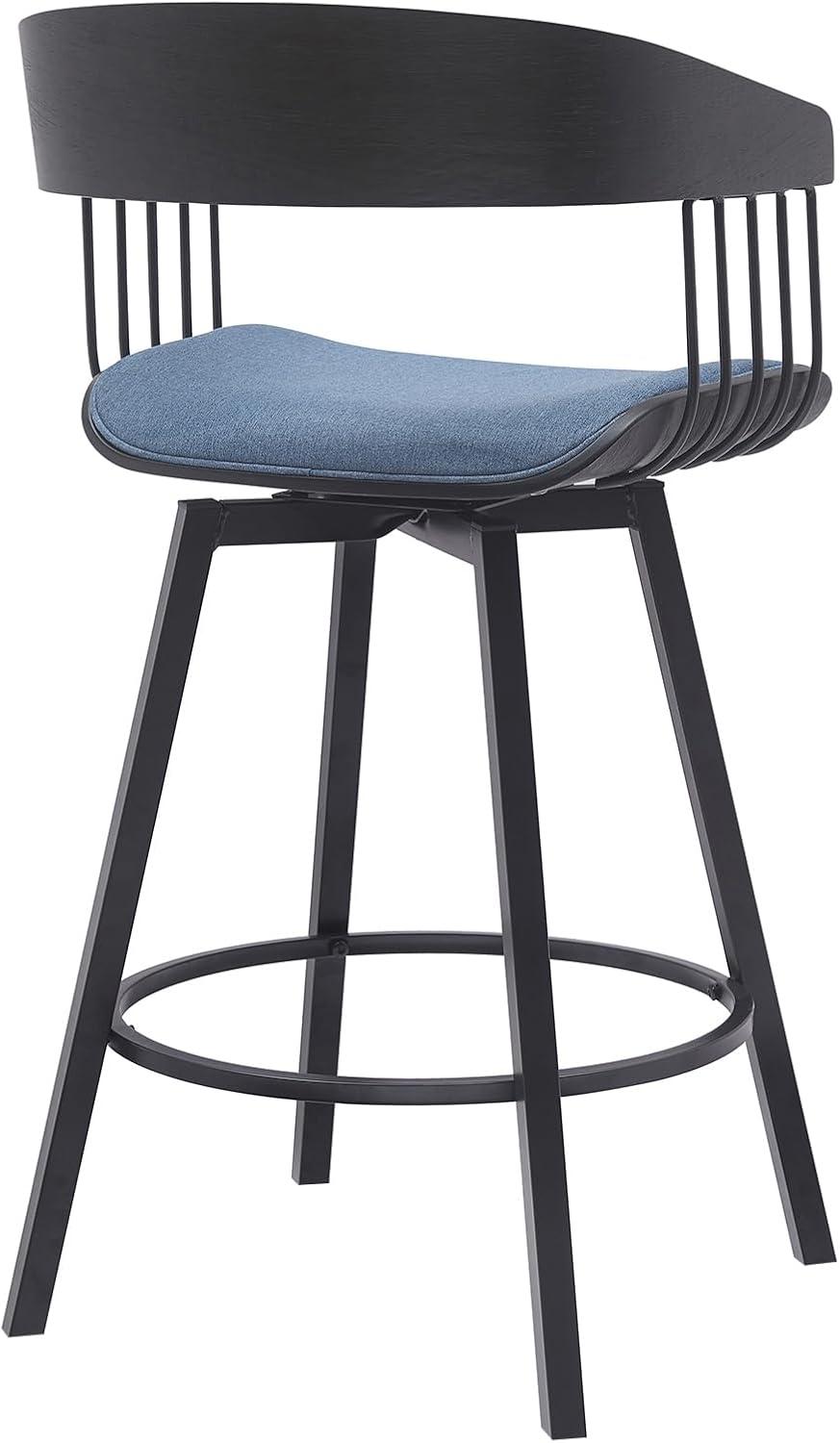 Armen Living Indoor Athena 27" Swivel Black Wood Counter Stool in Blue Fabric with Black Metal