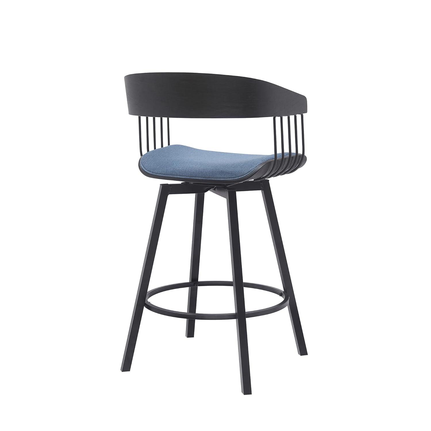Armen Living Indoor Athena 27" Swivel Black Wood Counter Stool in Blue Fabric with Black Metal