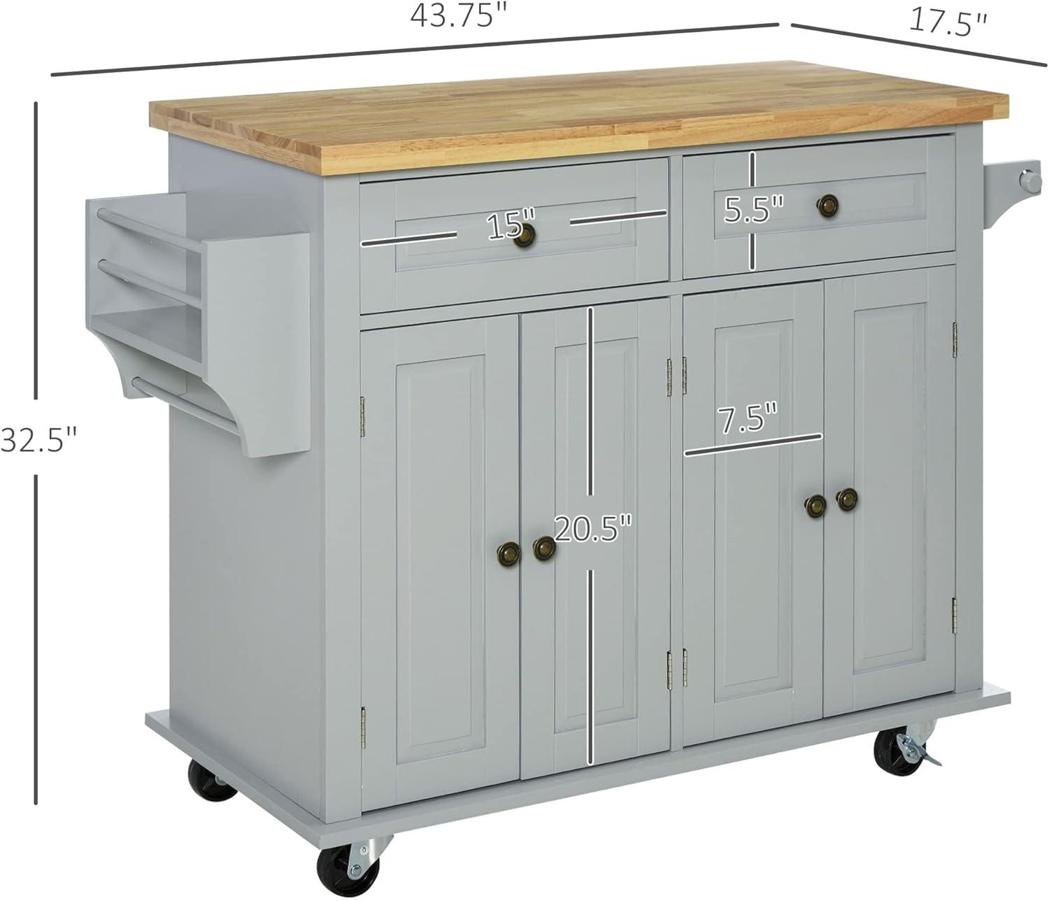 Gray Rolling Kitchen Island Cart with Rubberwood Top and Storage