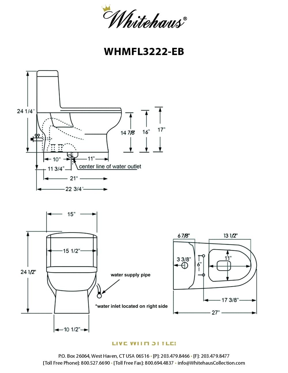 Whitehaus Collection Magic 1.6 Gallons GPF Elongated Comfort Height Floor Mounted One-Piece Toilet (Seat Included)
