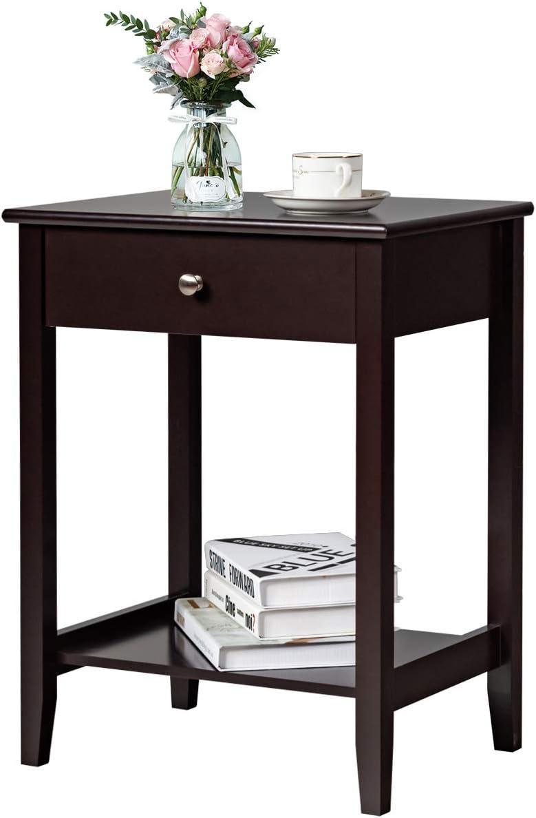 Tangkula End Table Nightstand w/Drawer & Shelf Bedroom Living Room Furniture Brown