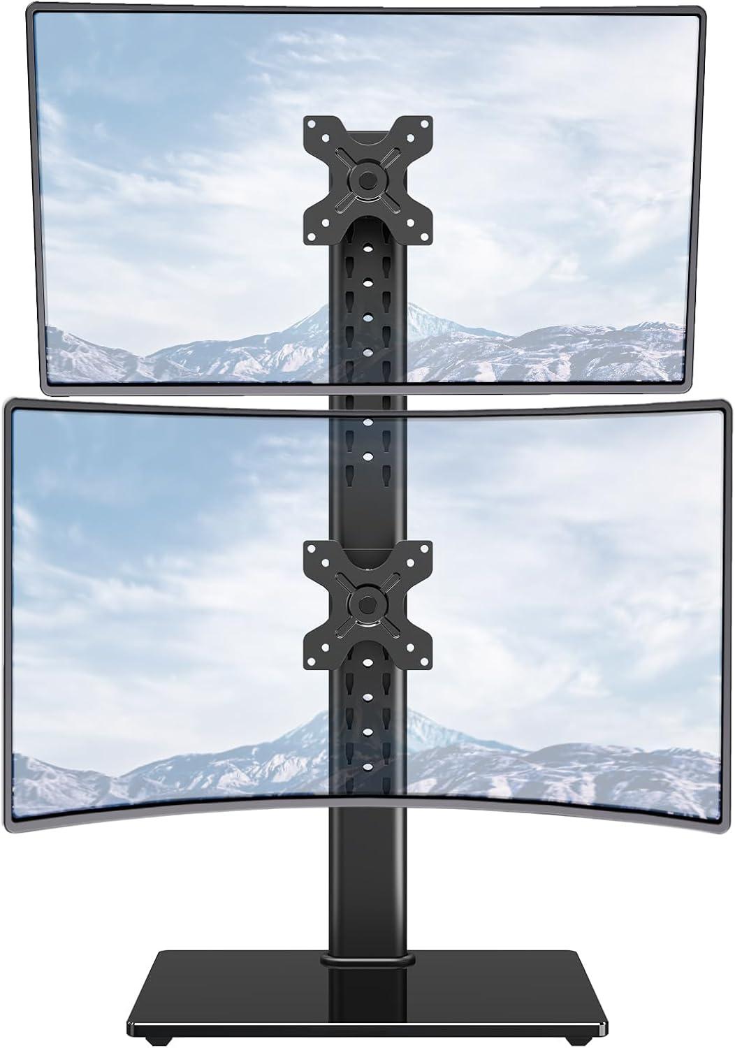 MOUNTUP Vertical Dual Monitor Stand, Stack Two Screens up to 32 inches,33 Lbs, Free-Standing Monitor Desk Mount, Monitor Riser with Swivel, Tilt, Height Adjustable, VESA Stand 100 x 100mm, 75 x 75mm