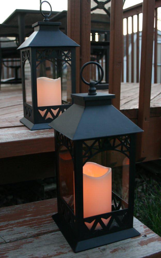 Black Lighted LED Lanterns with Lattice Design - Pillar Candle with 4 Hour Timer Included - Remote Control - Hanging or Sitting Decoration - Set of 2 - 13" H - 9605-2