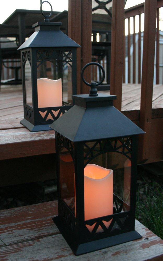 Black Lighted LED Lanterns with Lattice Design - Pillar Candle with 4 Hour Timer Included - Remote Control - Hanging or Sitting Decoration - Set of 2 - 13" H - 9605-2