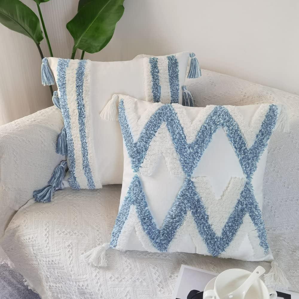 White and Blue Boho Tufted Velvet Pillow Covers with Tassels, 18"x18", Set of 2