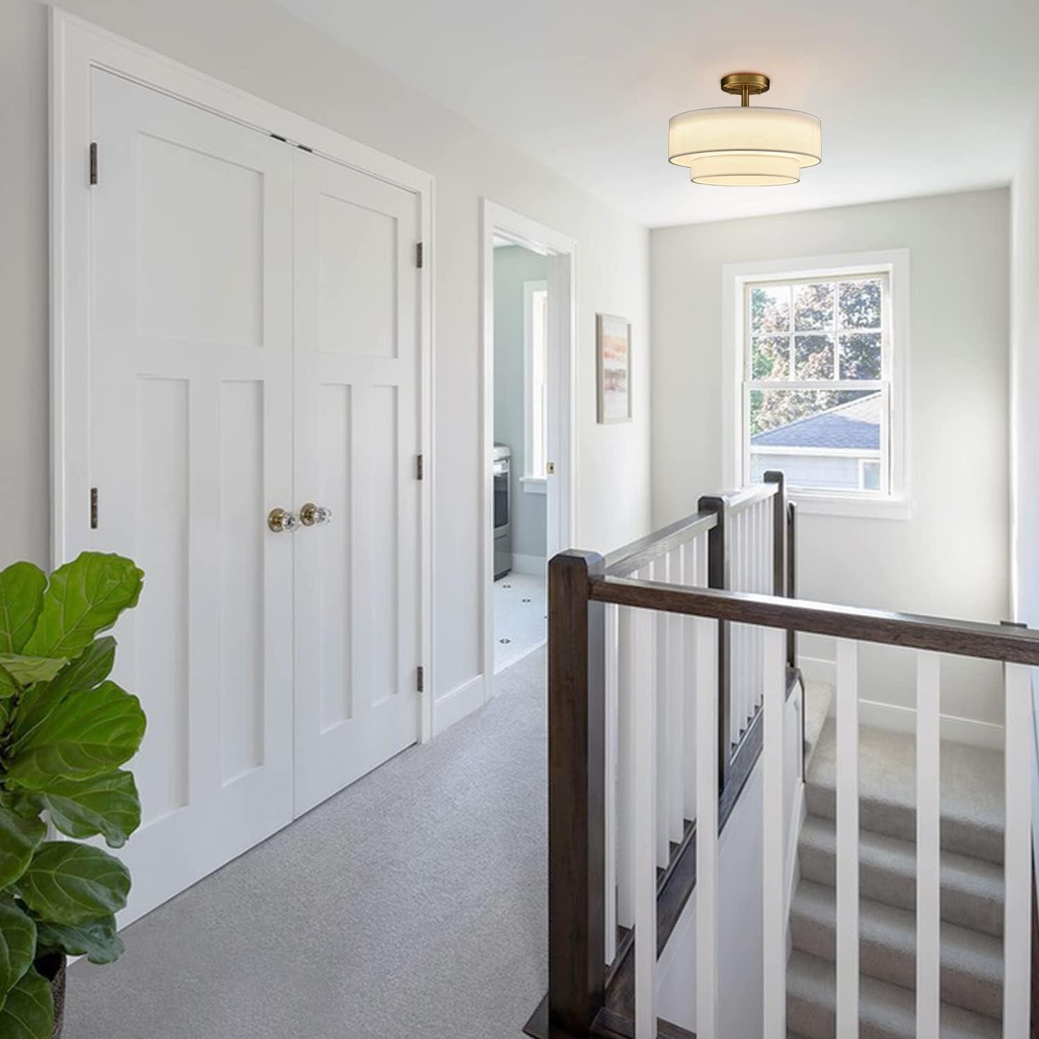 Claxy 15" Gold Semi Flush Mount LED Ceiling Light with Dual-Layer Drum Linen Shade