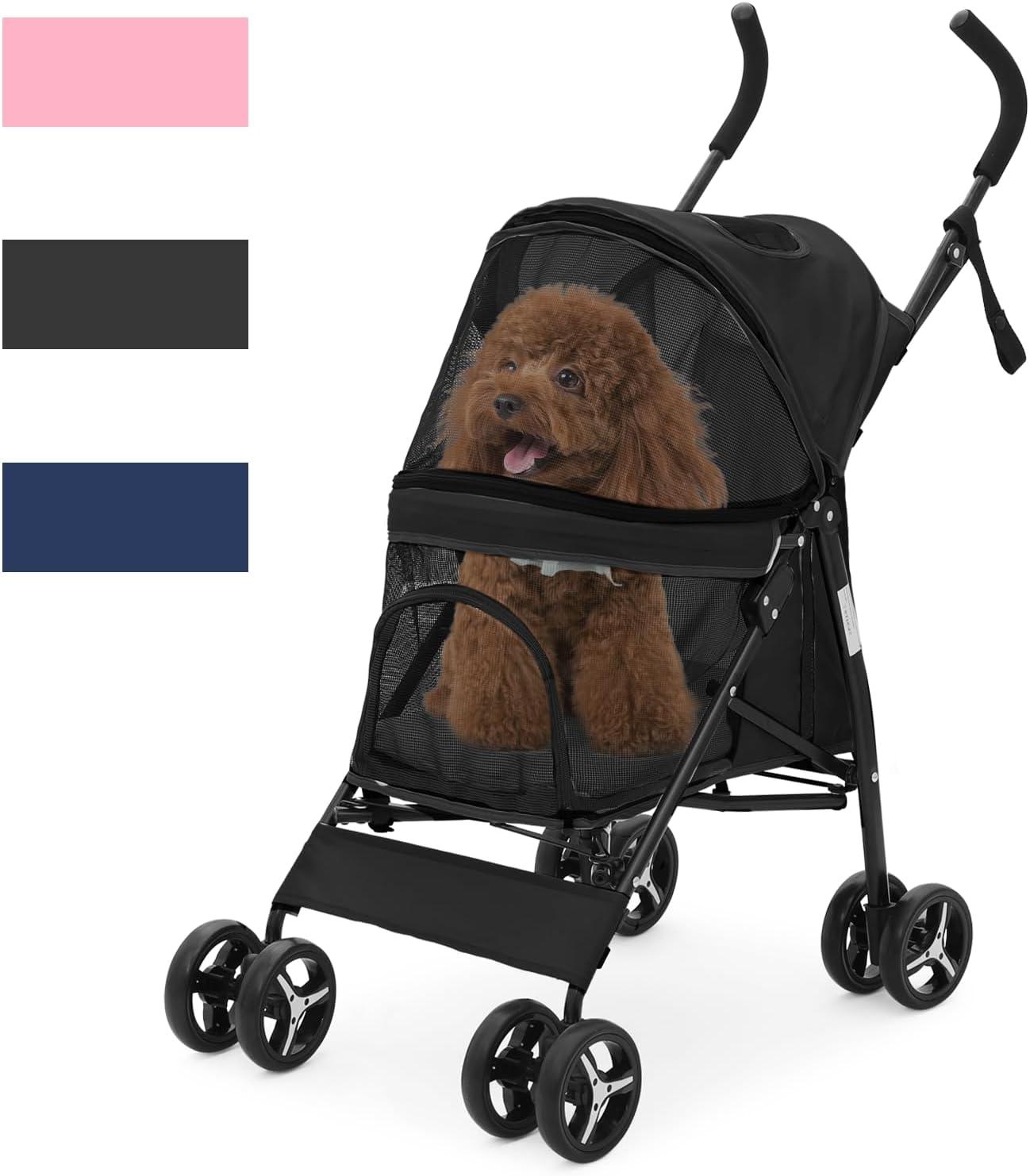 Magshion Foldable Dog Stroller, 4 Wheels Folding Pet Stroller for Small and Medium dogs, Black