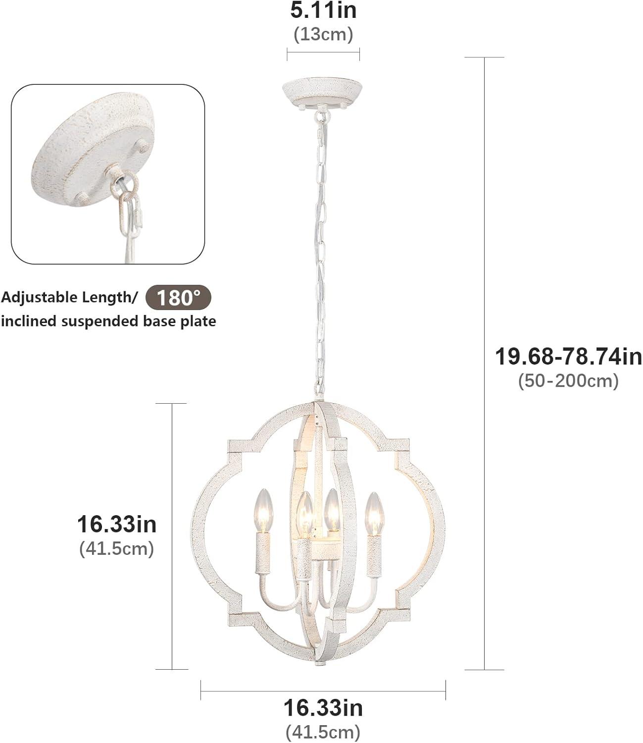 Farmhouse Chandelier Rustic Orb Chandeliers for Dining Room White Wooden Pendant Lighting 4 Light Small French Country Hanging Light Fixtures for Kitchen Island Living Room Bedroom Entryway