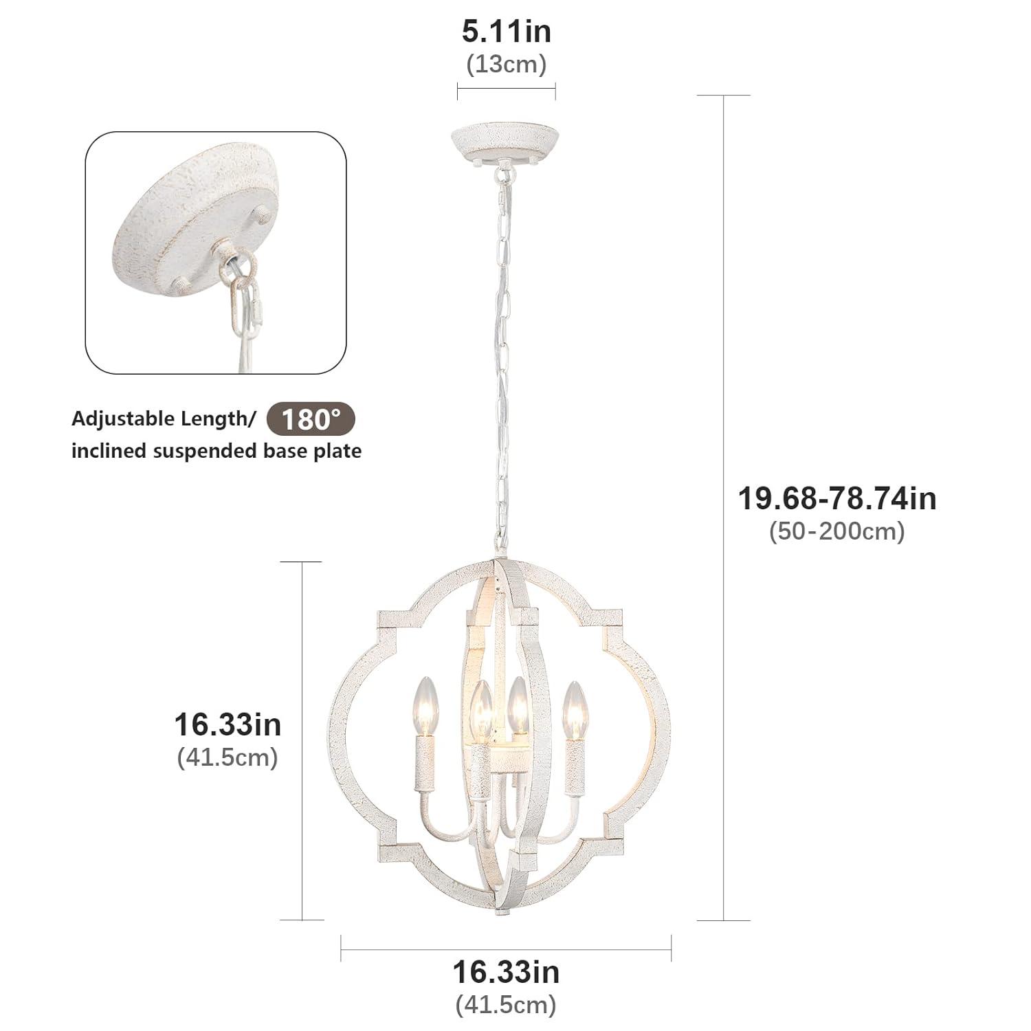 Farmhouse Chandelier Rustic Orb Chandeliers for Dining Room White Wooden Pendant Lighting 4 Light Small French Country Hanging Light Fixtures for Kitchen Island Living Room Bedroom Entryway