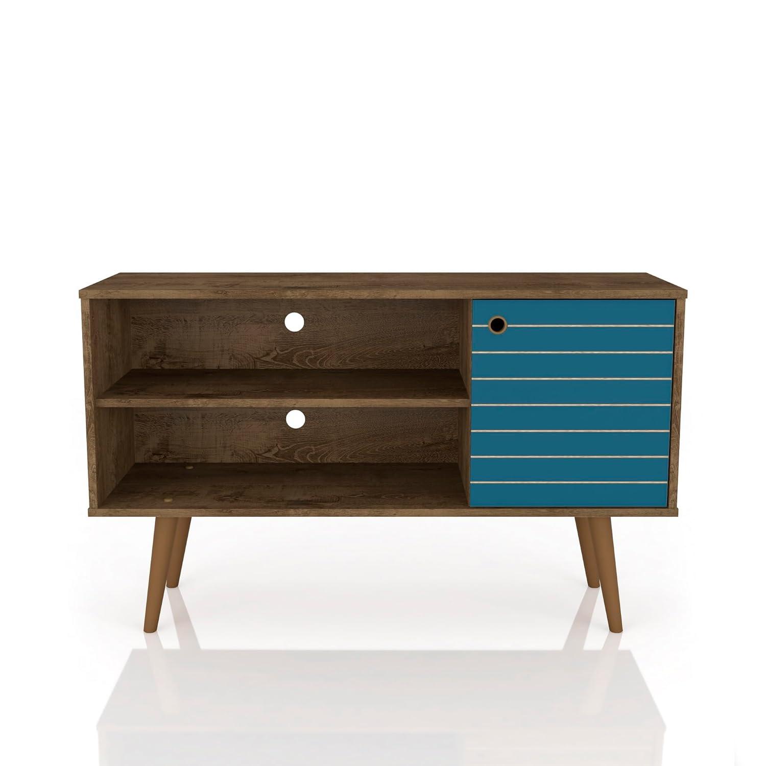 Liberty Mid-Century Modern 2 Shelves and 1 Door TV Stand for TVs up to 46" Rustic Brown/Aqua Blue - Manhattan Comfort