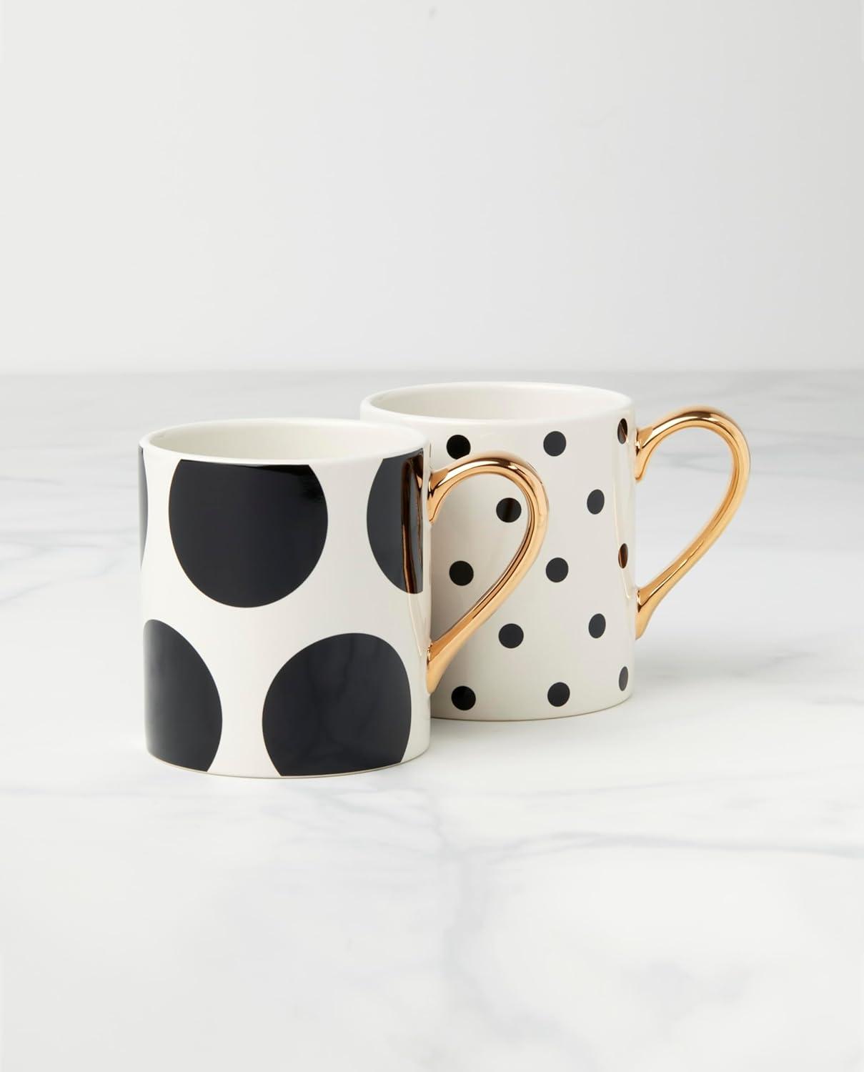 White Ceramic Mugs with Gold Handles and Black Polka Dots, Set of 2