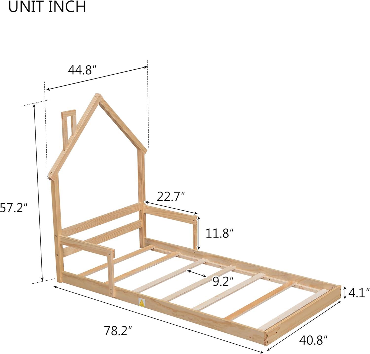Sesslife Twin Bed Frame with House-Shape Headboard, Wood Platform Bed with Guardrail for Kids Teens, Cute Floor Bed with Strong Wood Slats Support, Easy Assembly, No Box Spring Needed, Oak
