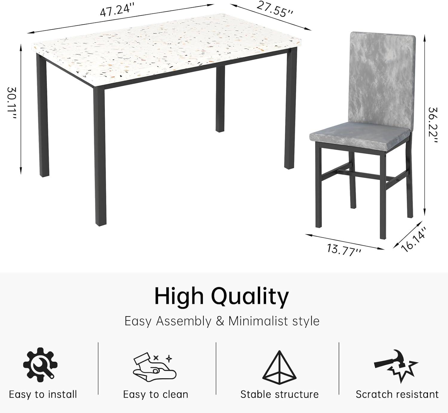 Recaceik 5-Piece Marble Dining Table Set with 4 Velvet Metal Frame Chairs for 4, 31.2"H Table