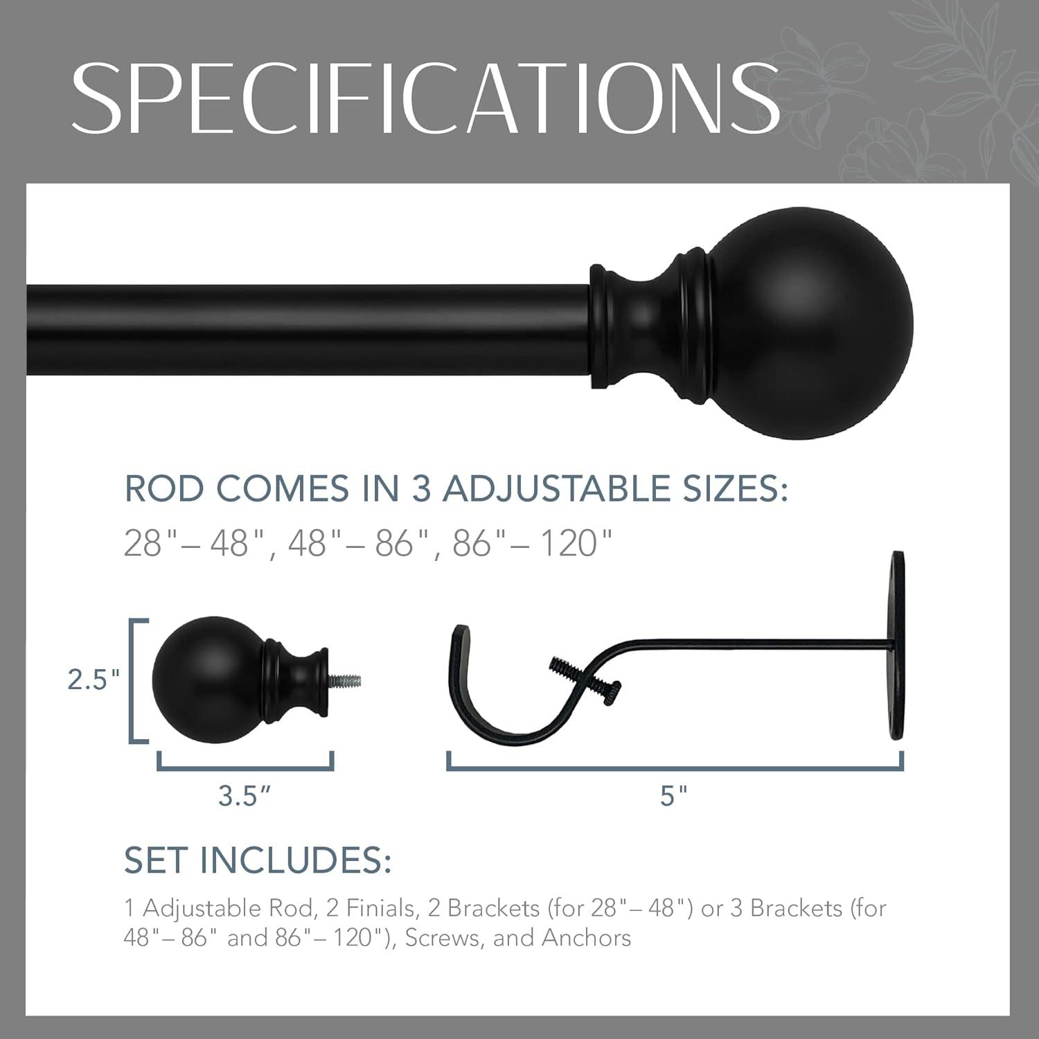 Cordelia 1" Window Drapery Single Curtain Rod with Globe Ball Finial - 28"-48" - Black - Elrene Home Fashions