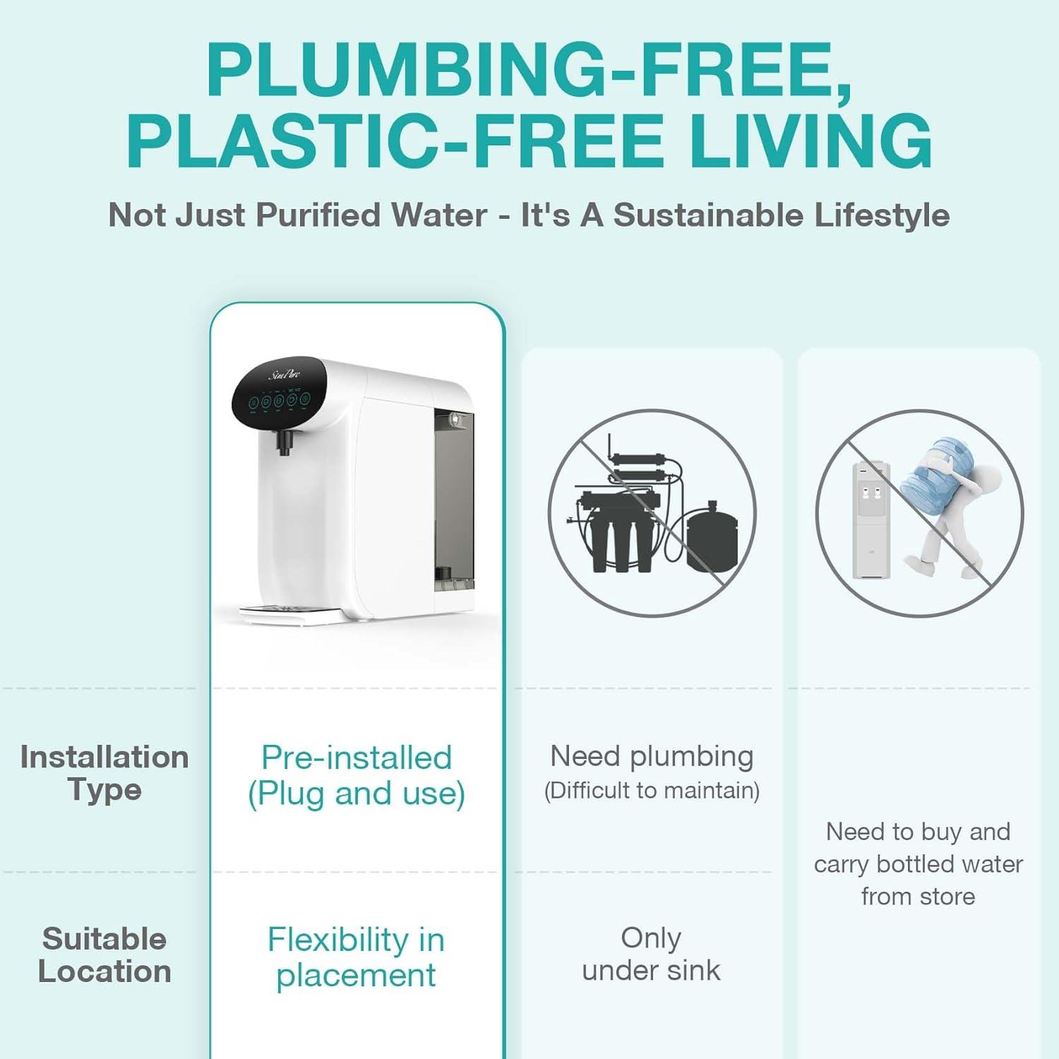 SimPure Y7P-W Countertop Water Filter System, 4 Stage Reverse Osmosis Purification,BPA-Free Water Dispenser, 4: 1 Pure to Drain Bottleless Water Dispenser