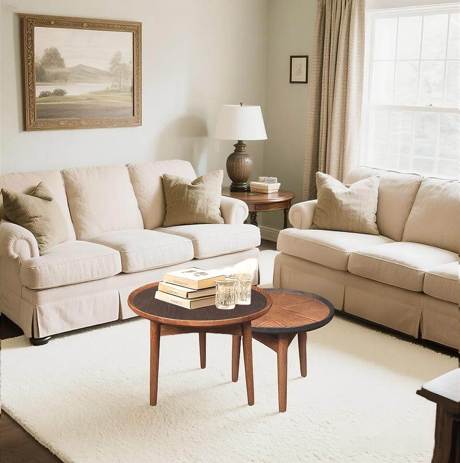 CONSDAN Nesting Table, Solid Oak Hardwood Structure Round Coffee Table & Side Table with Solid Wood Feet for Living Room, Bedroom, Balcony - Standard