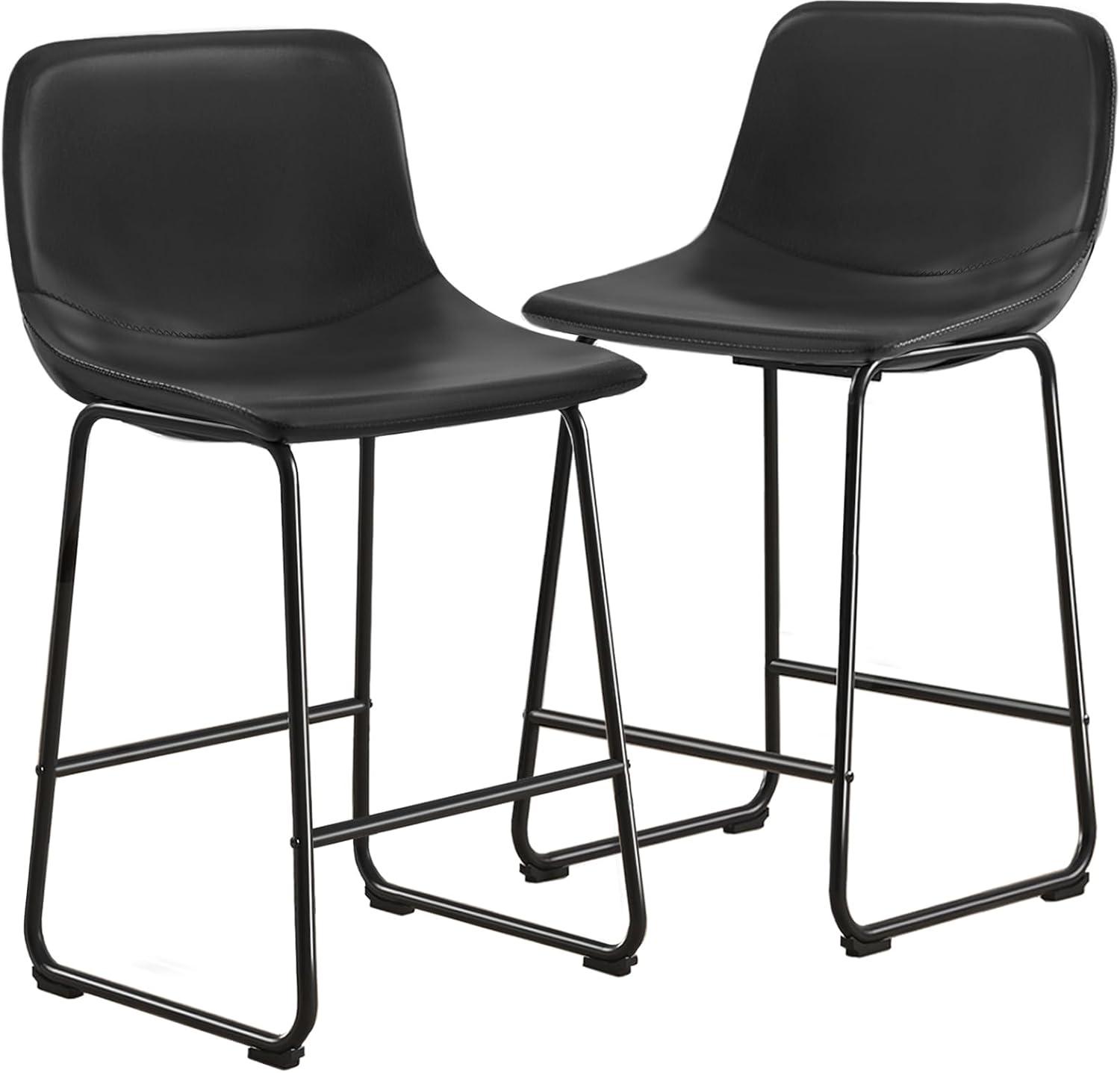 Jiowenm Counter Height Bar Stools Set of 2, Counter Stool with Back, Modern Faux Leather Barstools with Metal Legs and Footrest, Dining Chairs for Home Kitchen Island, Support 500 lbs, Black