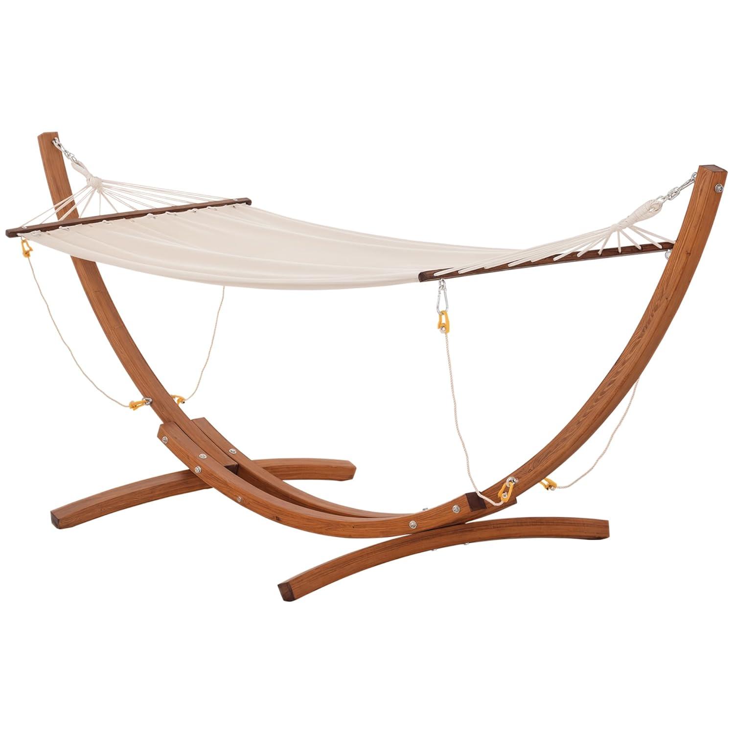 Outsunny Outdoor Hammock with Stand, Heavy Duty Wooden Frame, No Tree Needed, Indoor Outside Boho Style Nap Bed, Natural Cotton, White