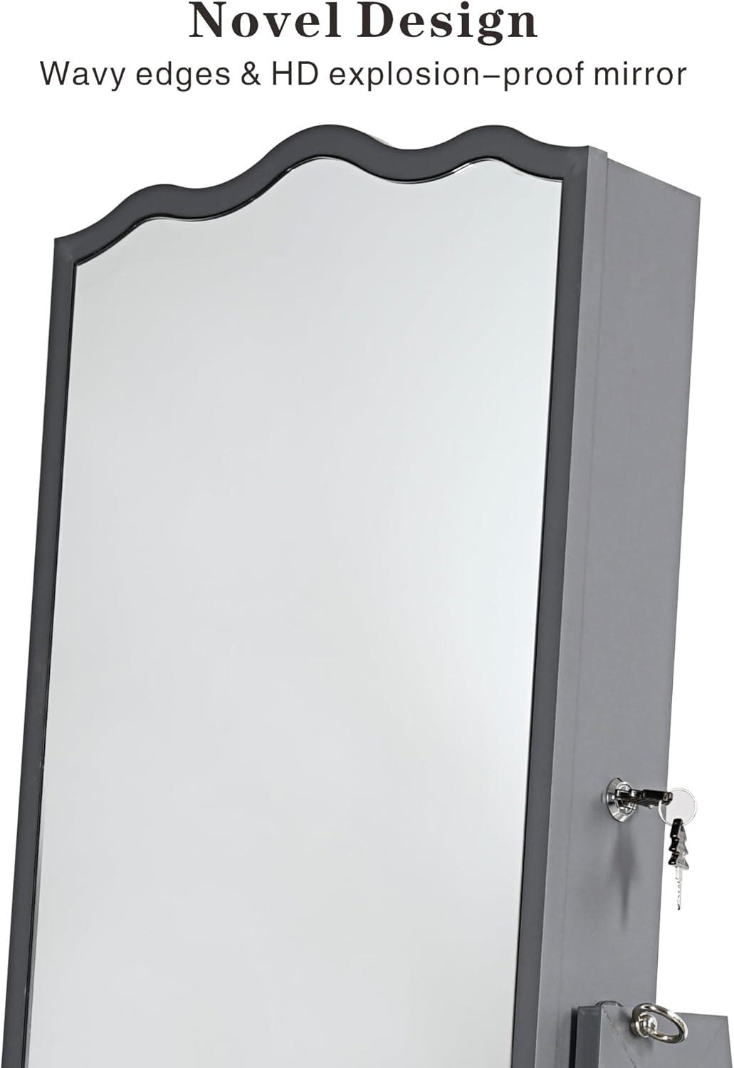 HWB 360° Rotating Jewelry Armoire with 53'' Full Length Mirror, Standing Lockable Jewelry Cabinet Organizer with Lights, Built in Makeup Mirror, Large Storage Capacity with Drawer&Shelves Grey